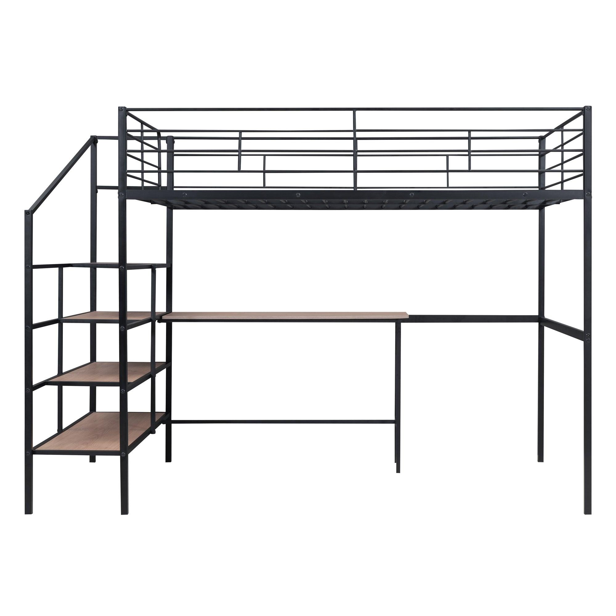 Full Size Metal Loft Bed with Desk and Lateral Storage Ladder, Black