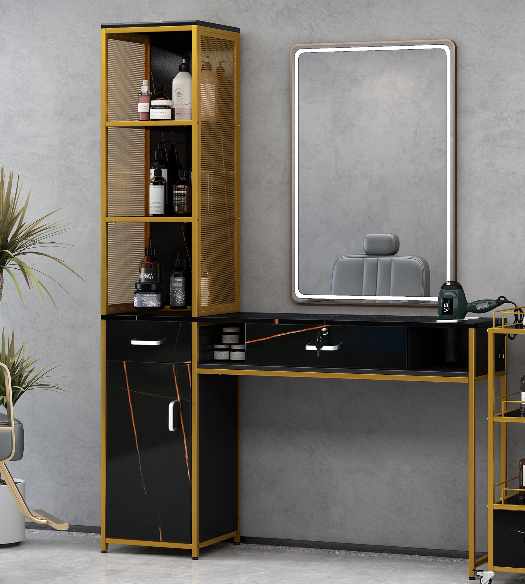 🆓🚛 Barber Salon Station for Hair Stylist, Beauty Salon Station With Lockable Drawer, Left Shelf and Storage Cabinet, Beauty Spa Equipment, Mirror Not Included, Black & Yellow