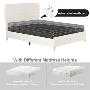 Full Platform Bed Frame With pneumatic hydraulic function, Velvet Upholstered Bed with Deep Tufted Buttons, Lift up storage bed With Hidden Underbed Oversized Storage, BEIGE