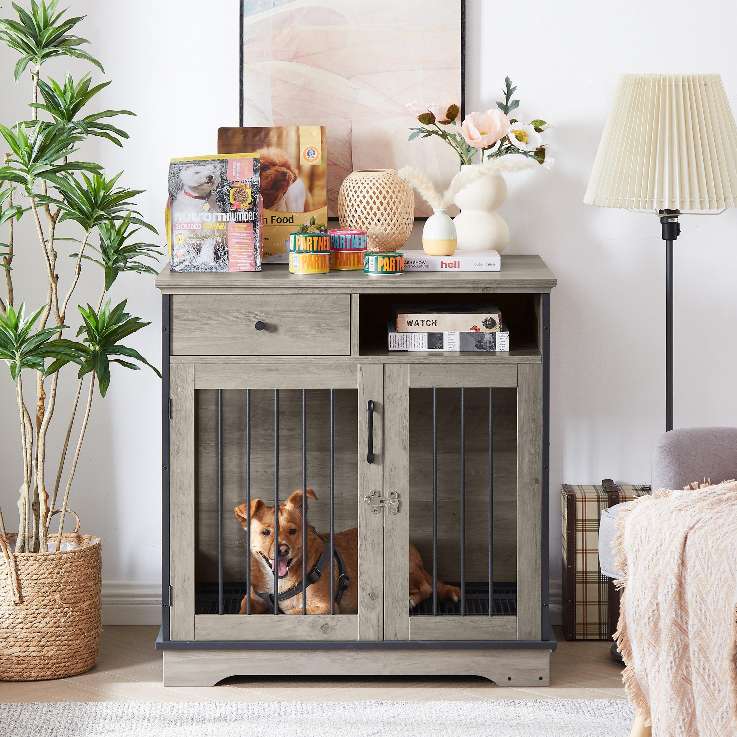 Furniture Dog Crate, Indoor Pet Crate End Tables, Decorative Wooden Kennels With Removable Trays. Grey, 32.3'' W X 22.8'' D X 33.5'' H.