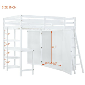 Full Size Loft Bed with Wardrobe and Desk and Shelves, White