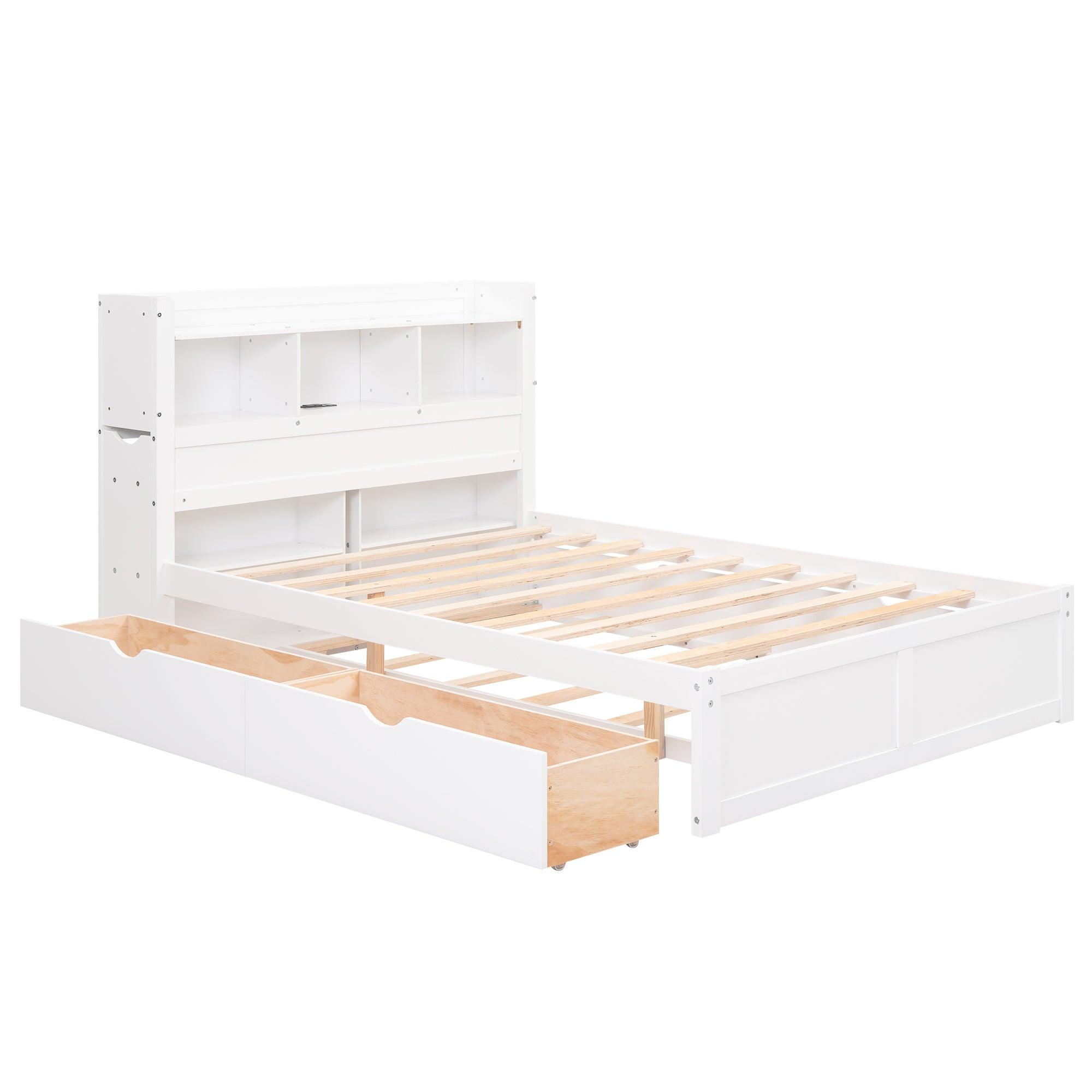 Full Size Storage Platform Bed with Pull Out Shelves, Twin Size Trundle and 2 Drawers, White