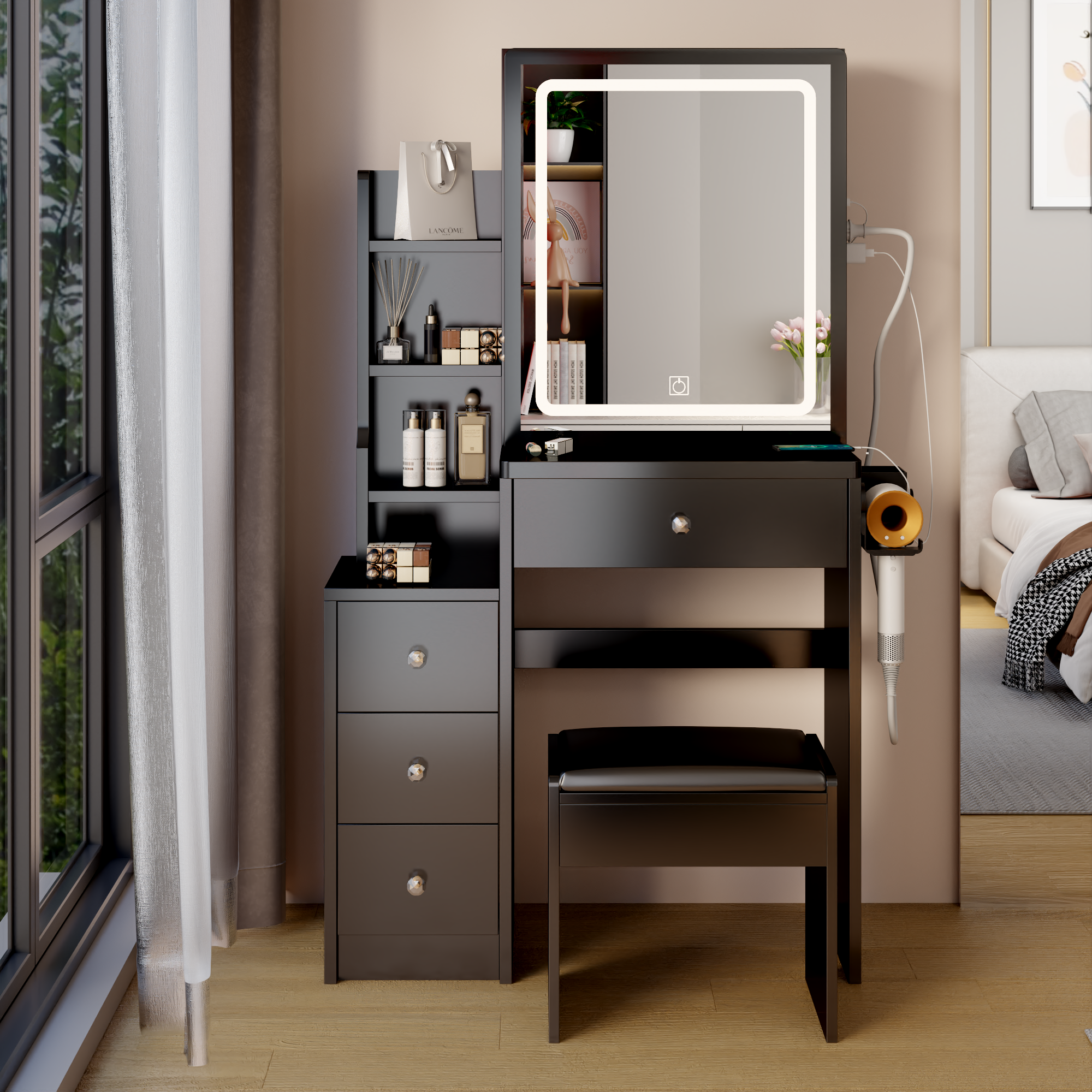 🆓🚛 Left Bedside Cabinet Vanity Table + Cushioned Stool, With 2 Ac + 2 Usb Socket, Extra Large Sliding Led Mirror, Touch Control, Tri-Color, Brightness Adjustable, Multi Layer, High Capacity Storage