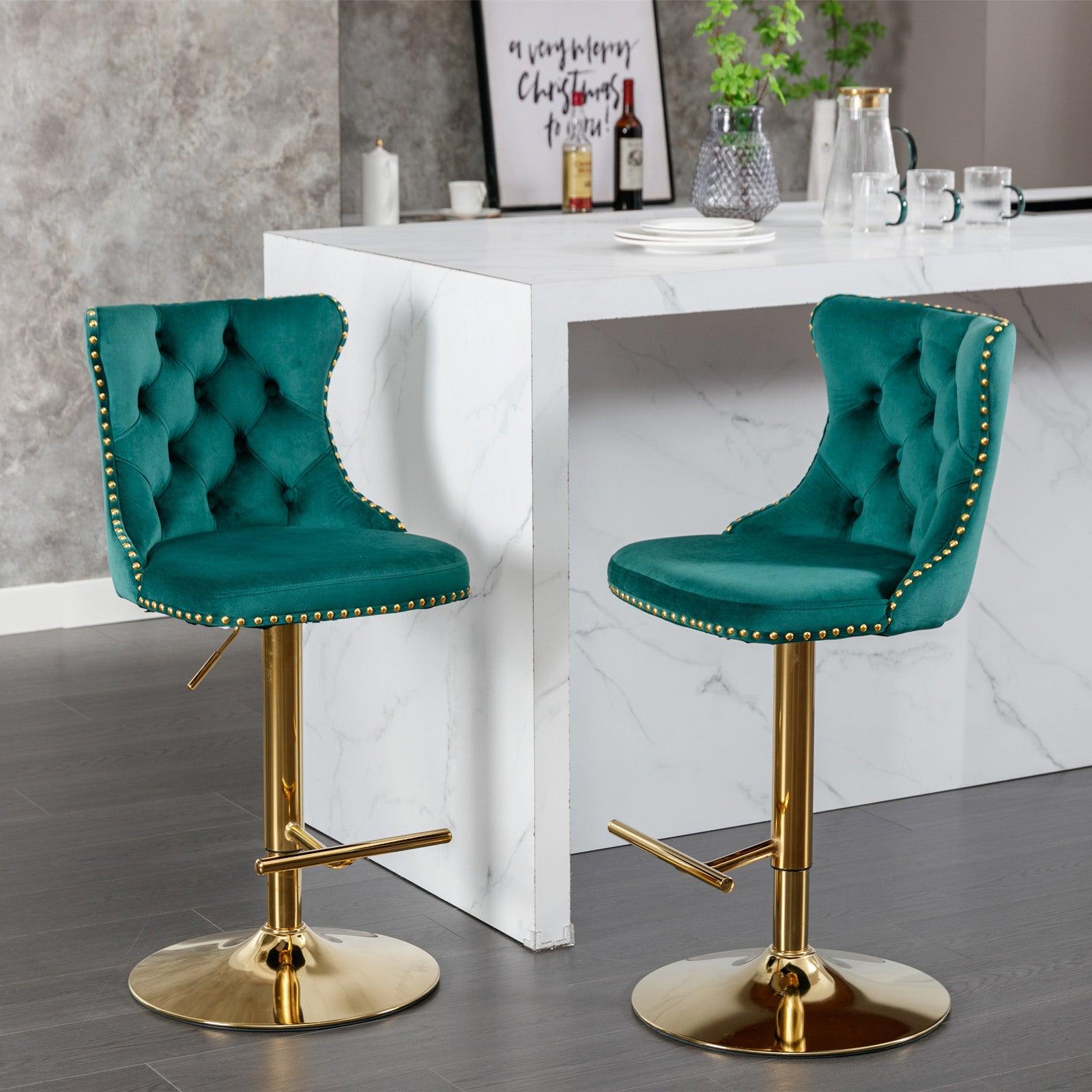 Golden Swivel Velvet Barstools Adjusatble Seat Height From 25-33 Inch, Modern Upholstered Bar Stools With Backs Comfortable Tufted For Home Pub And Kitchen Island（Green, Set Of 2）