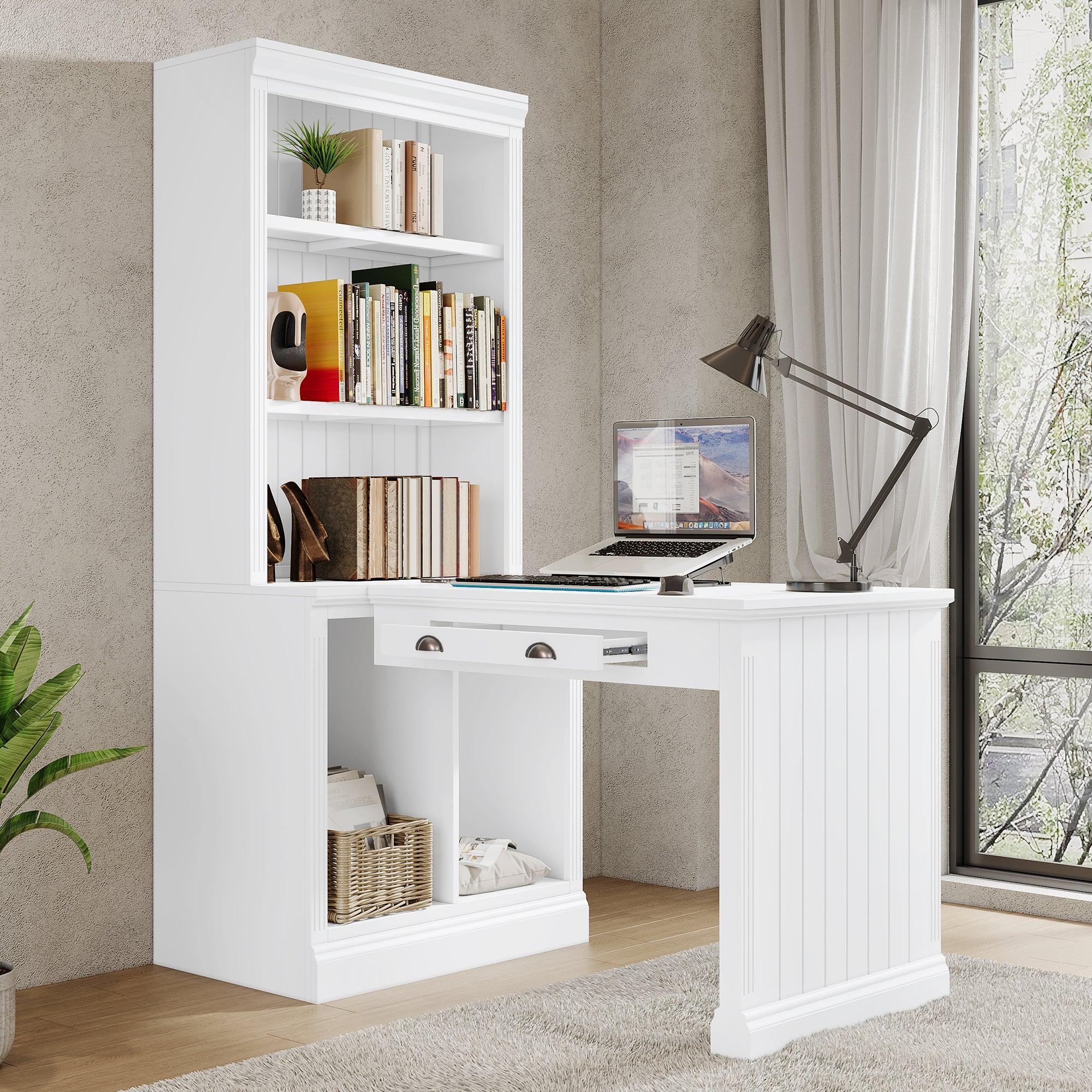🆓🚛 83.4" Tall Modern Bookcase With Study Desk, Open Shelves & Led Lighting, for Living Room, Home & Office, White