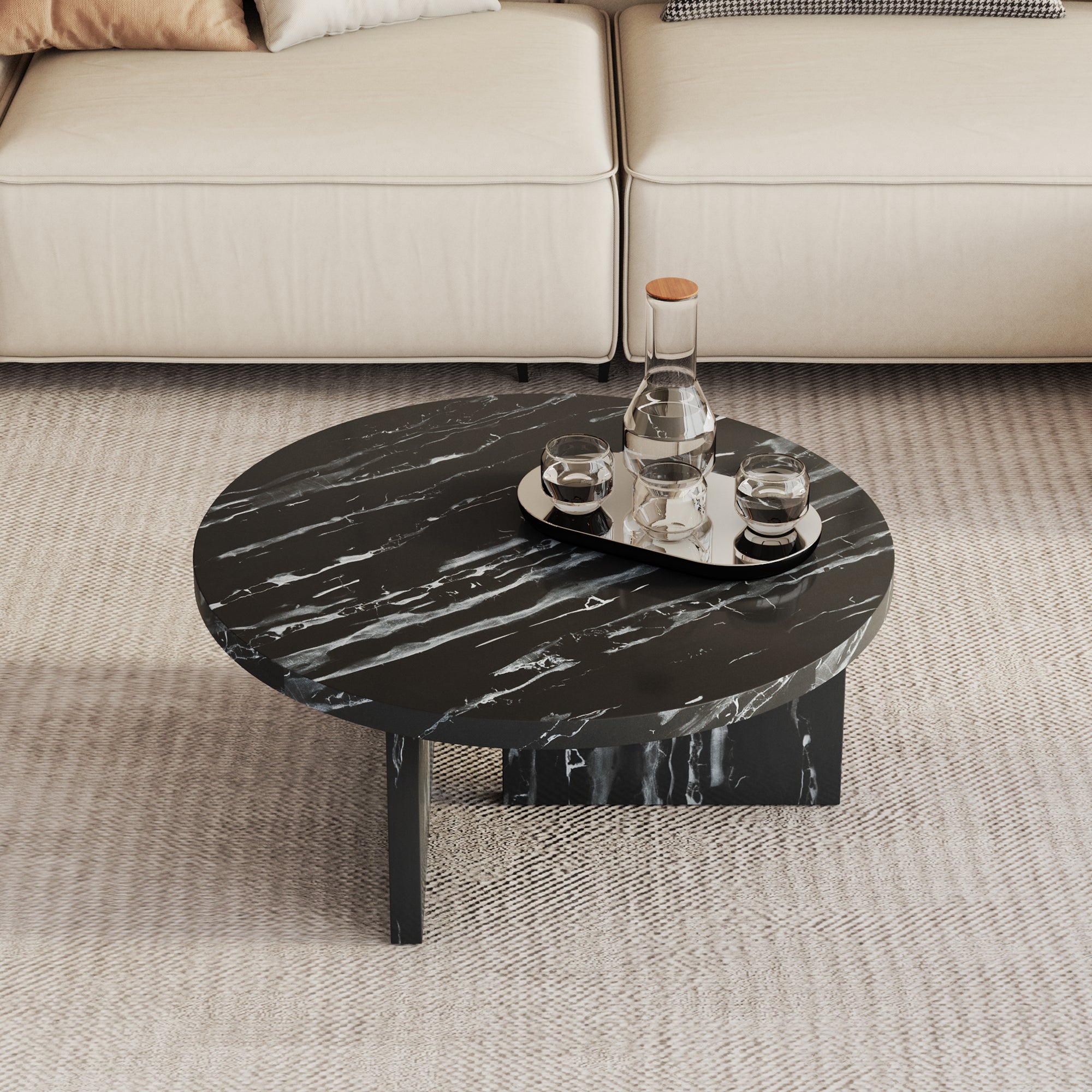 🆓🚛 Circular Coffee Table With Texture, 31.4", Modern Tea Table, Suitable for Small Spaces, Living Room, Black