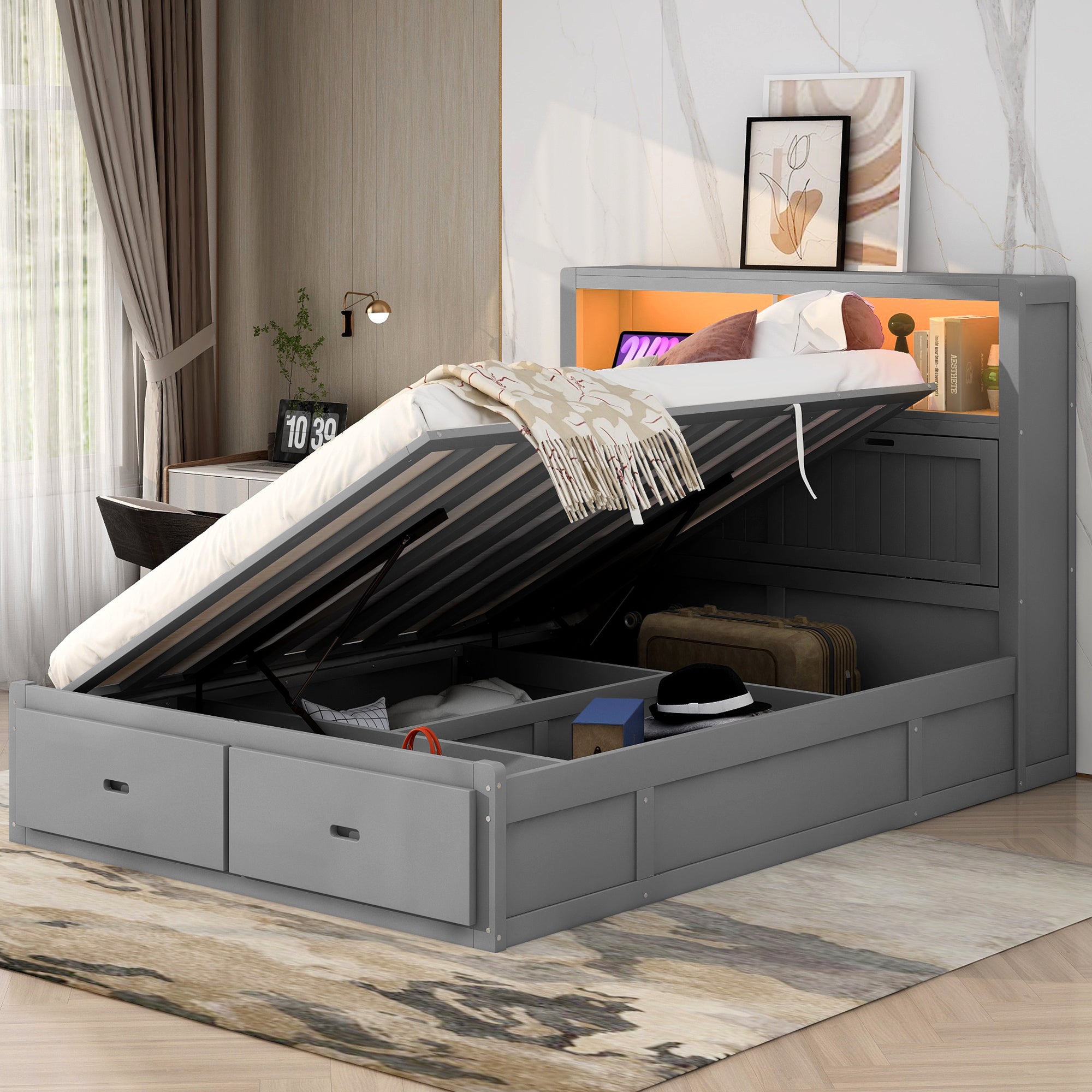 🆓🚛 Wood Queen Size Hydraulic Platform Bed with Storage LED Headboard, Charging Station and 2 Drawers, Gray