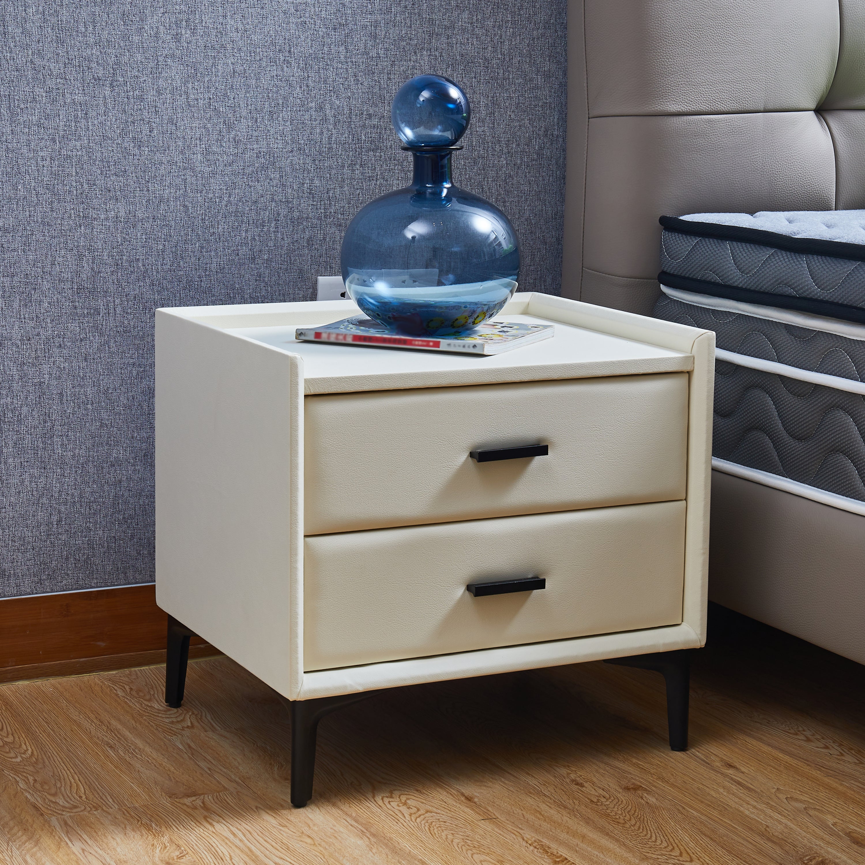 🆓🚛 Nightstand, Modern Nightstand With 2 Drawers, Night Stand With Pu Leather and Hardware Legs, Beige