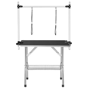 Folding Pet Grooming Table Stainless Legs and Arms Black Rubber Top Storage Basket