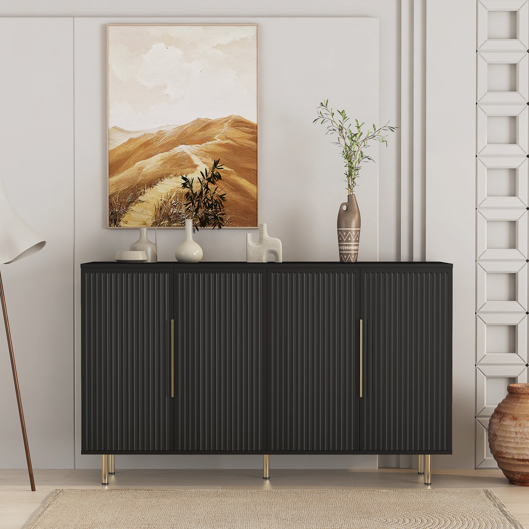 Black Modern Buffet Cabinet with Storage, Fluted Sideboard Large Buffet with Adjustable Shelves, Credenza, Accent Cabinet Console Table