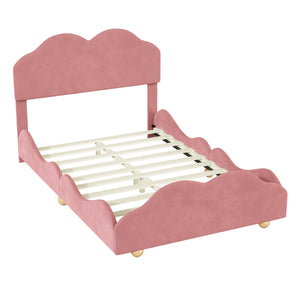 Full Size Upholstered Platform Bed with Cloud Shaped bed board, Dark Pink