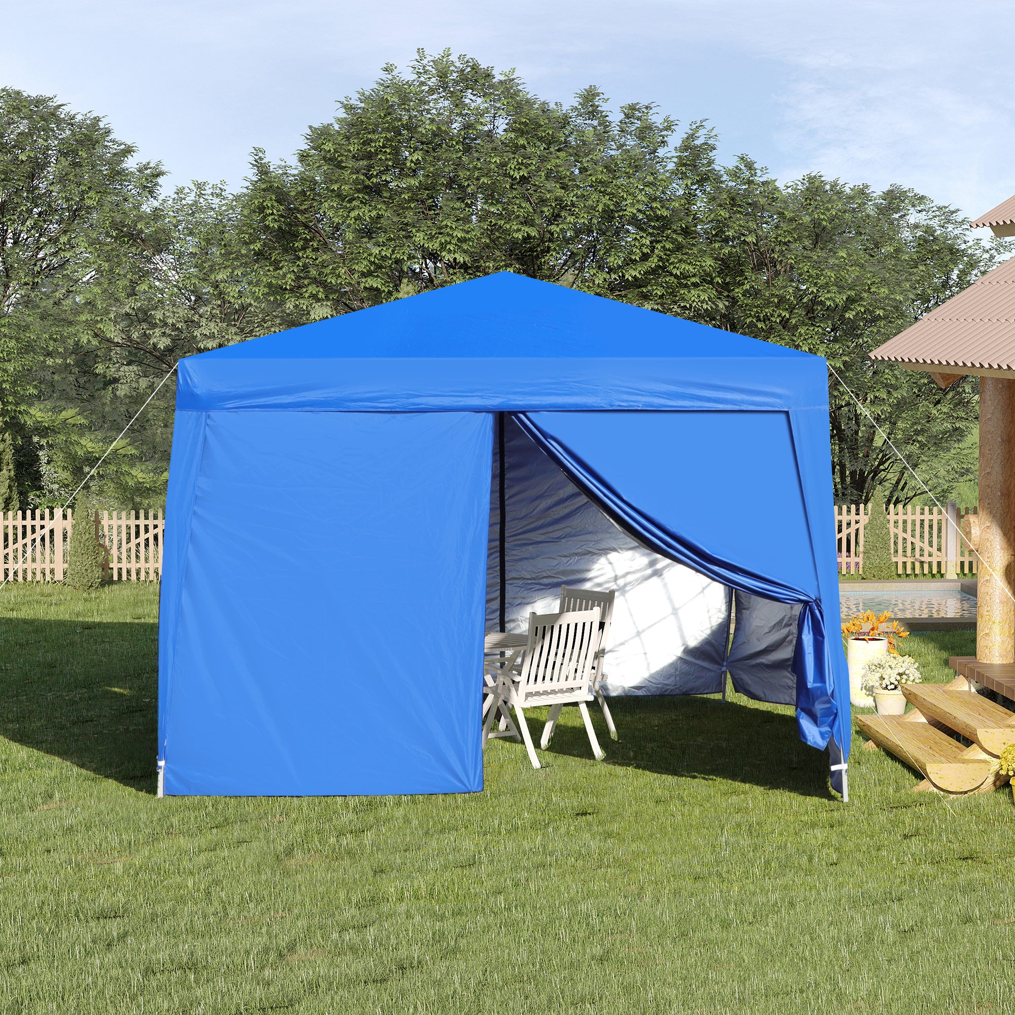 🆓🚛 Outdoor 10x 10Ft Pop Up Gazebo Canopy Tent, Removable Sidewall with Zipper, 2pcs Sidewall with Windows, with 4pcs Weight Sand Bags & Carry Bag, Blue