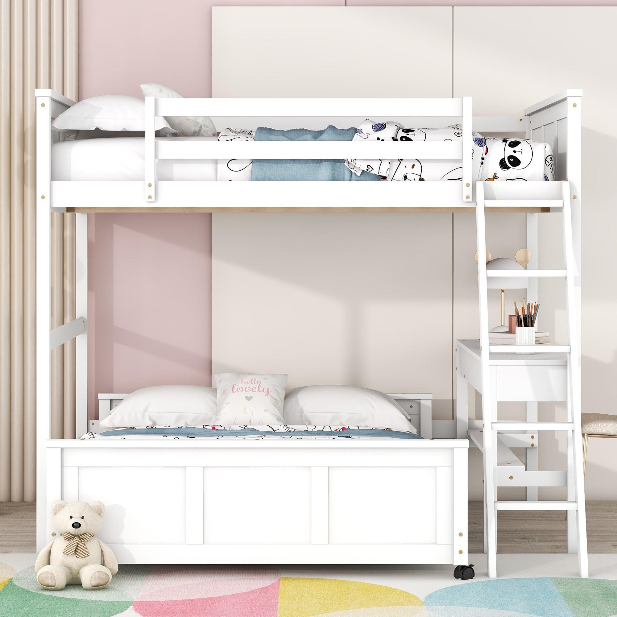 Full Over Full Bunk Bed with Desk, White