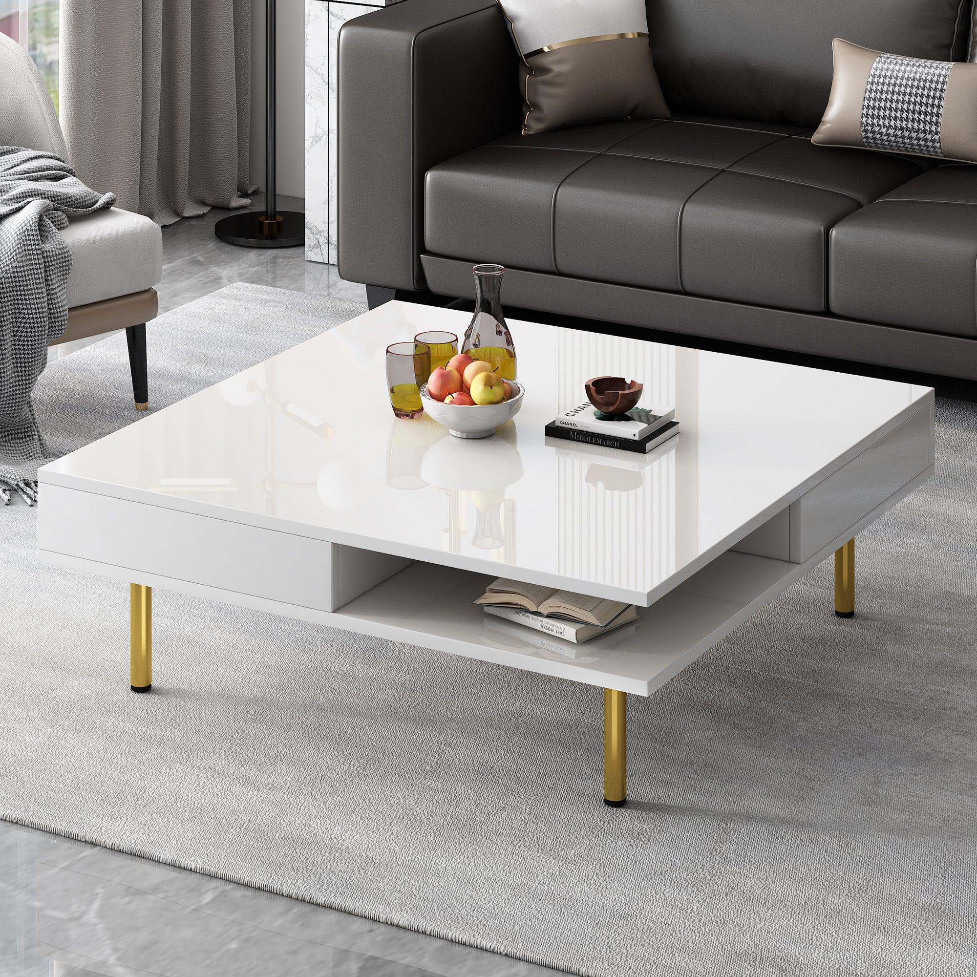 🆓🚛 Exquisite High Gloss Coffee Table With 4 Golden Legs & 2 Small Drawers, 2-Tier Square Center Table for Living Room, White