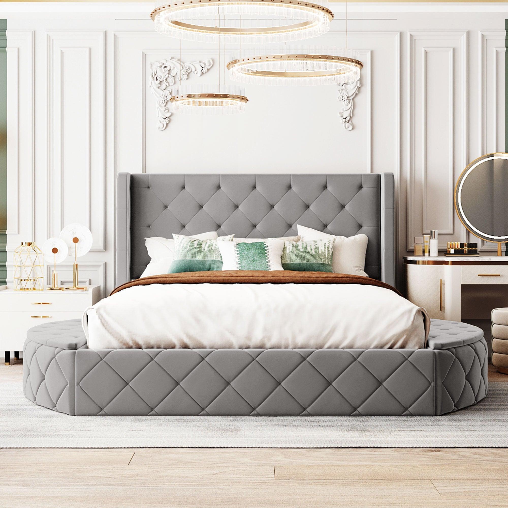 🆓🚛 Upholstered Platform Bed Queen Size Storage Velvet Bed With Wingback Headboard and 1 Big Drawer, 2 Side Storage Stool(Gray)