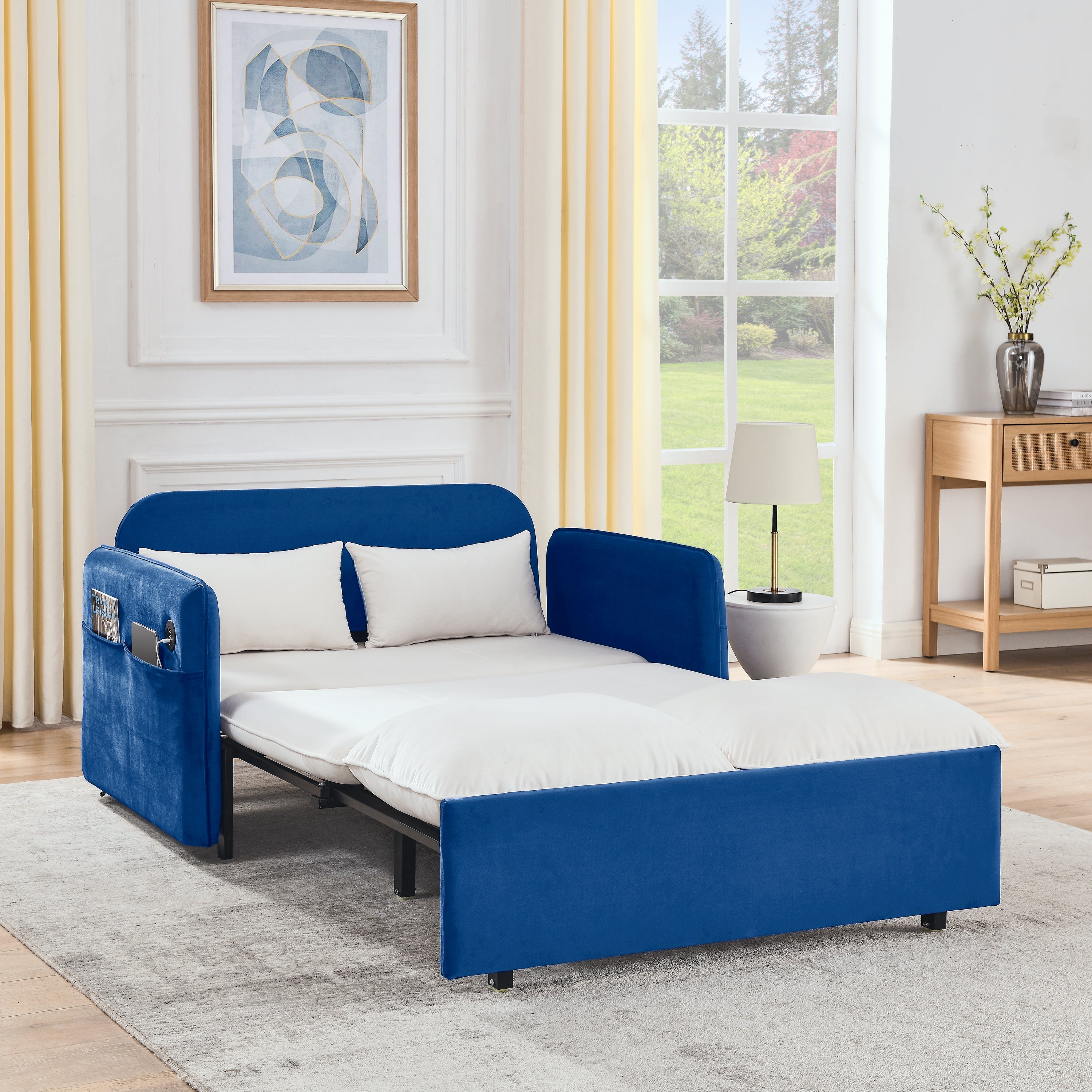🆓🚛 53" Modern Convertible Sofa Bed W/2 Removable Armrests W/Usb Power Port, Velvet Recliner Adjustable Sofa W/Head Pull-Out Bed, 2 Pillows, for Living Room, White-Blue