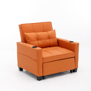 Futon Chair Bed Convertible Chair 3-in-1 Pull Out Sleeper Chair Beds with USB Ports, Wear-resistant and Anti-scratch, Armchair Bed Sleeper for Living Room (Orange Leather)