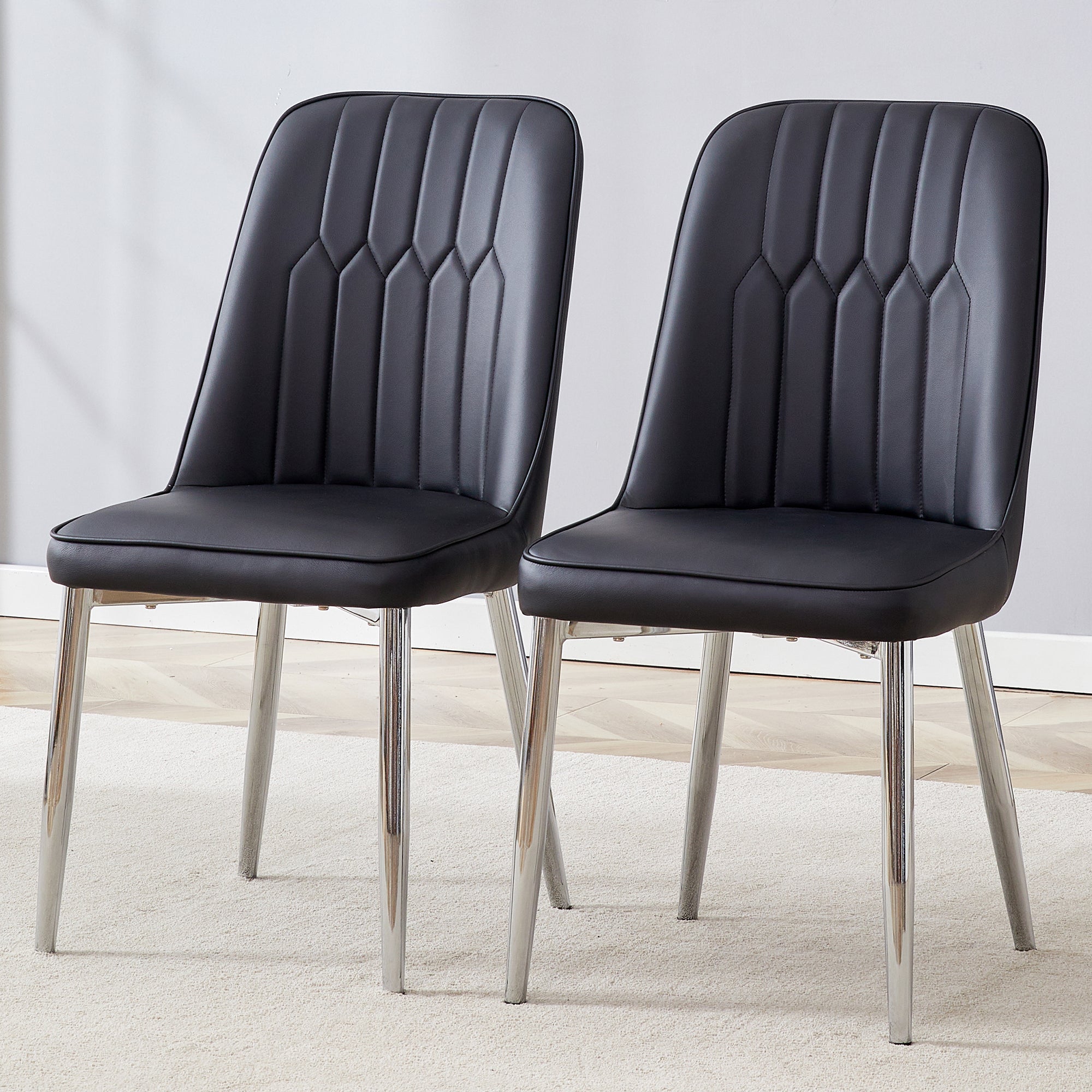 2 Modern Dining Chairs, Smooth Pu Leather Backrest and Silver-Toned Metal Legs for a Comfortable Home Experience for Kitchens, Bedrooms and Offices.