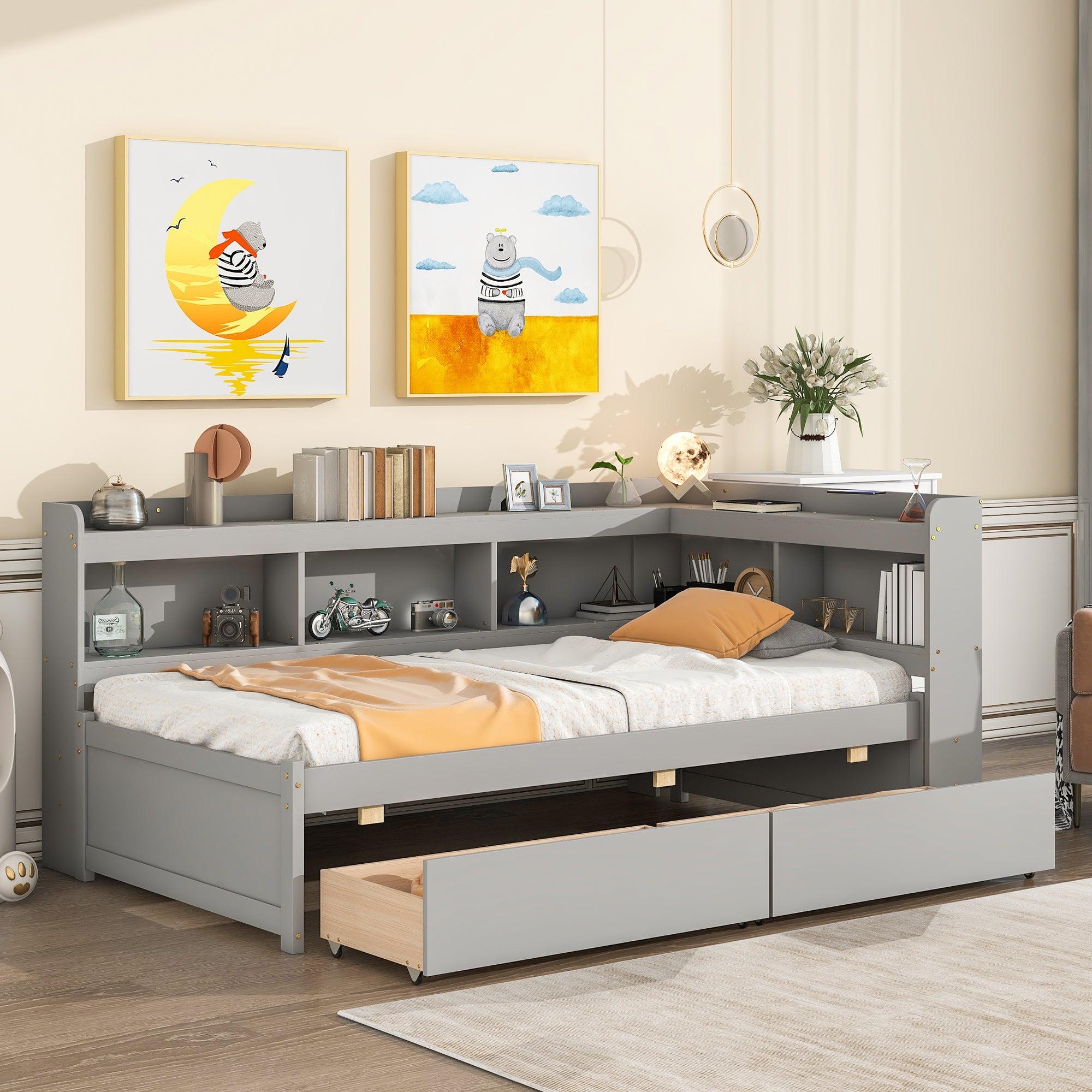 🆓🚛 Twin Bed With L-Shaped Bookcases, Drawers, Gray