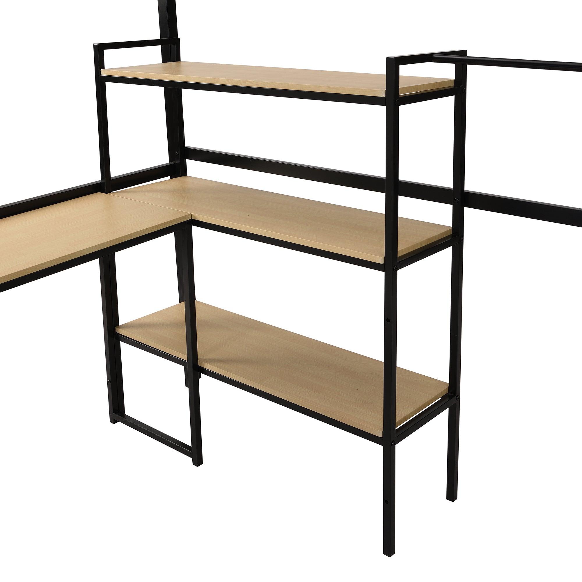 Full Size Metal Loft bed with Staircase, Built-in Desk and Shelves, Black