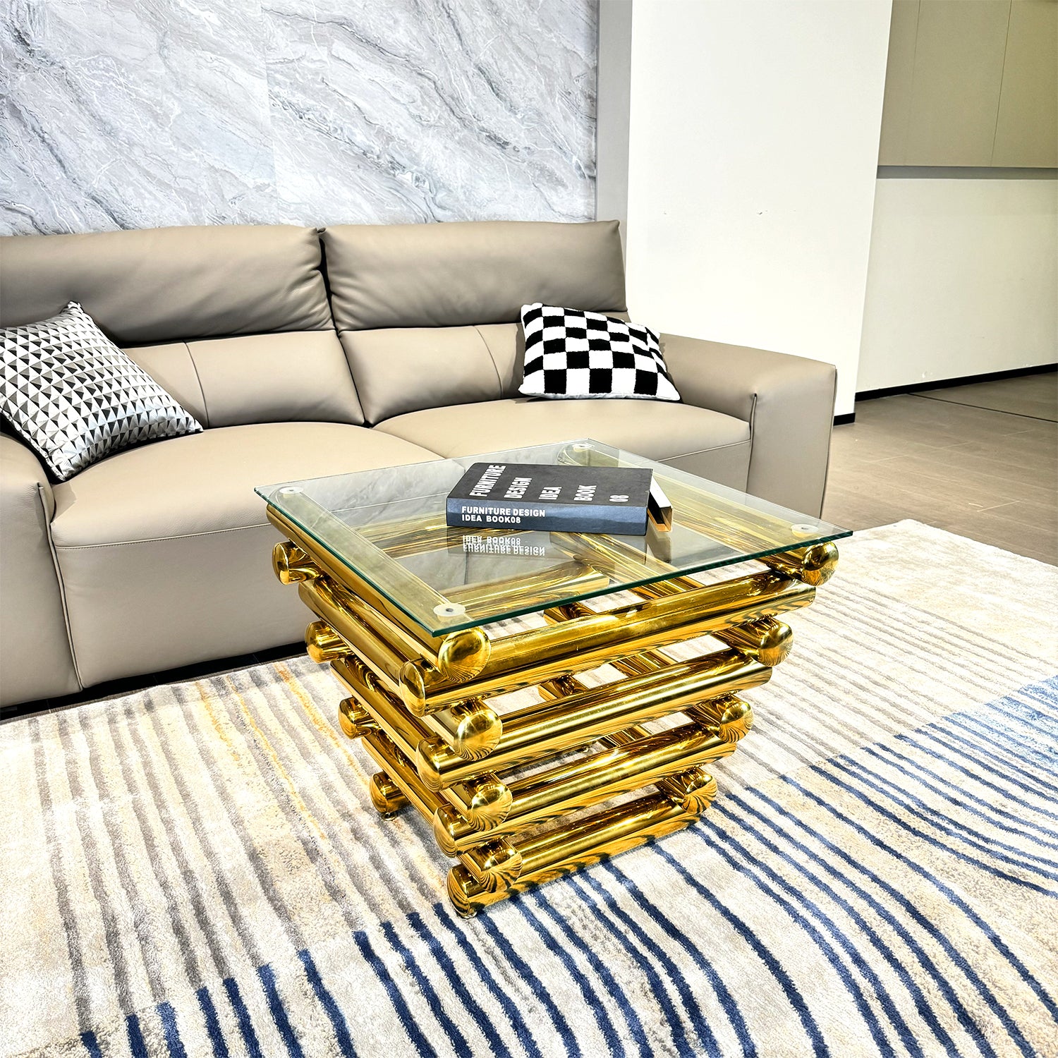 24" Square Modern Stainless Steel End Table, Clear Tempered Glass End Side Table, Living Room Coffee Table, With Modern Style, Gold