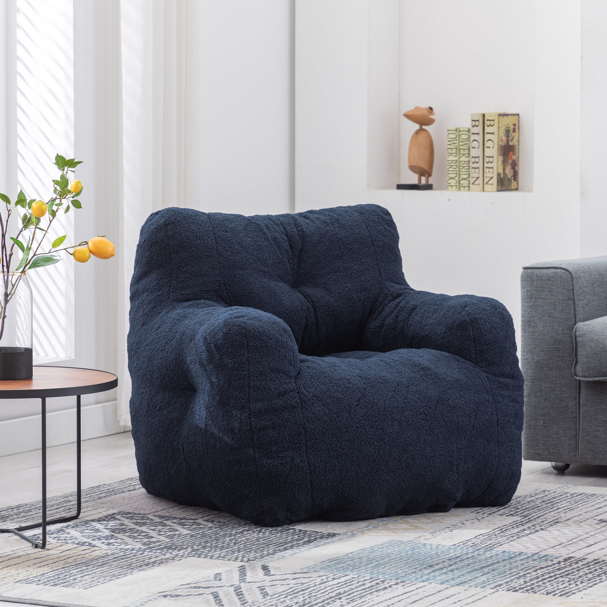 🆓🚛 Soft Tufted Foam Bean Bag Chair With Teddy Fabric, Dark Blue