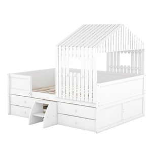 Full Size House Low Loft Bed with Four Drawers, White