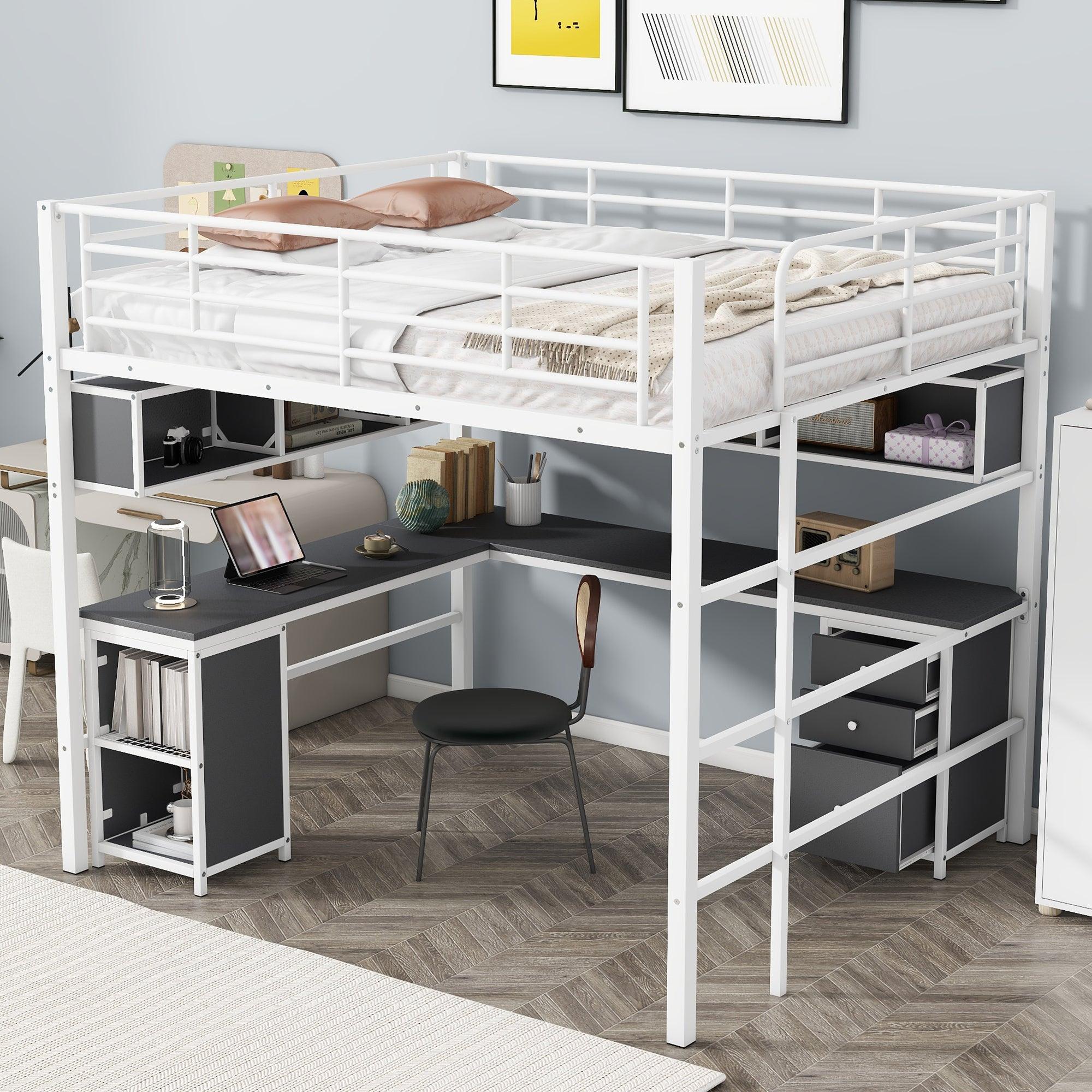 🆓🚛 Metal Loft Bed With Bookcase, Desk & Cabinet, Full, White