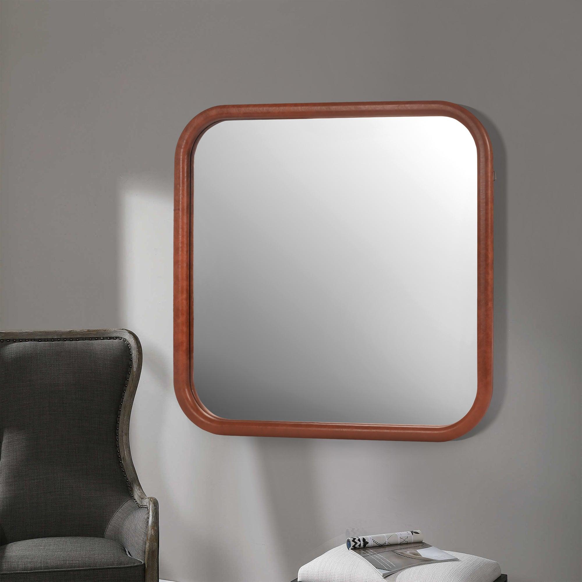 🆓🚛 Square Brown Decorative Wall Hanging Mirror, Pu Covered Mdf Framed Mirror for Bedroom Living Room Vanity Entryway Wall Decor, 23.62X23.62"