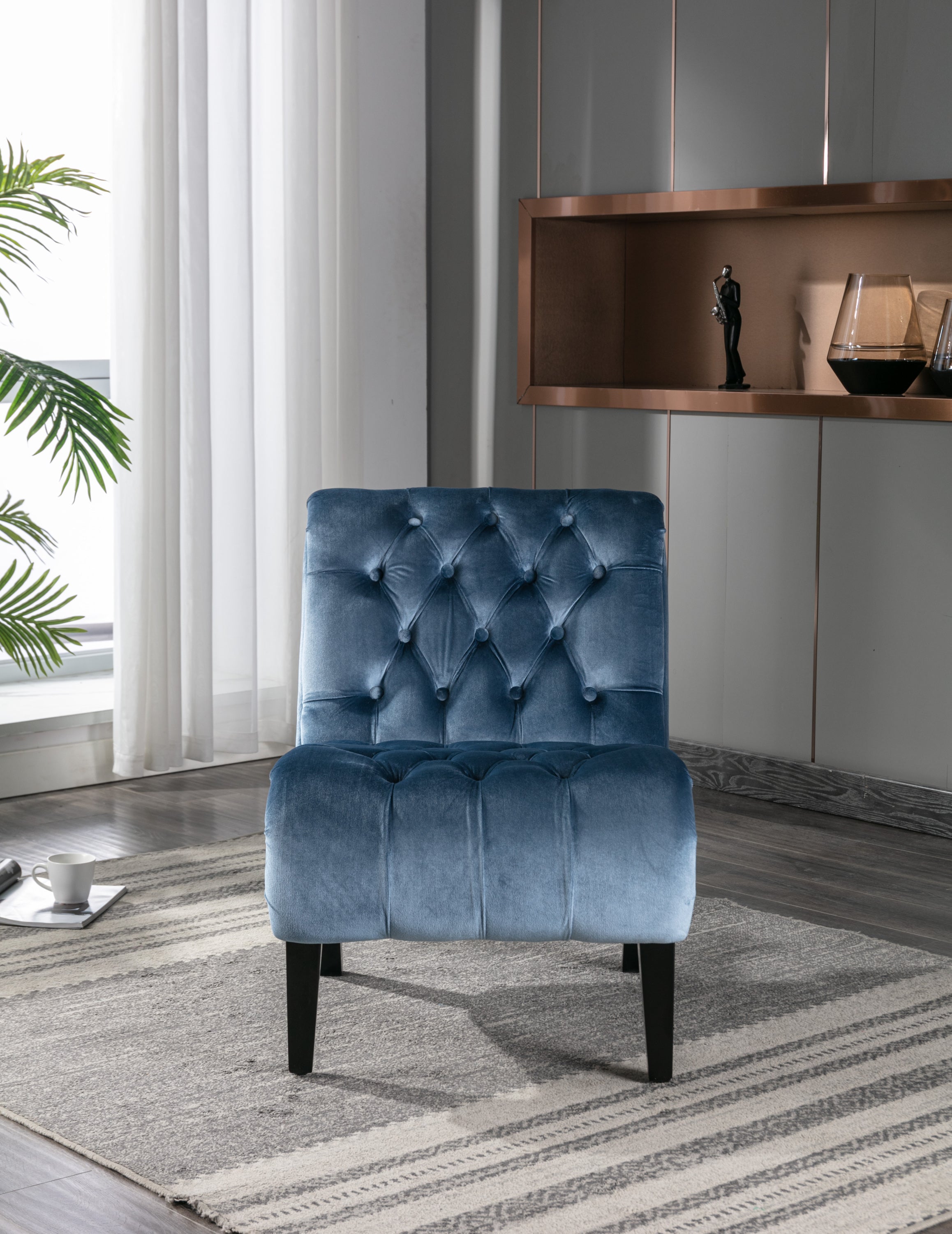 🆓🚛 Armless Living Room Chair with Curved Backrest, Light Blue