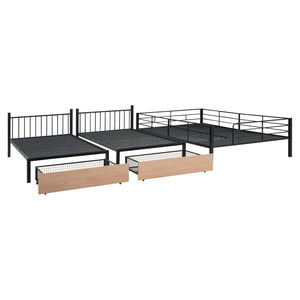 Full Over Twin & Twin Triple Bunk Bed with Drawers, Multi-functional Metal Frame Bed with desks and shelves in the middle, Black