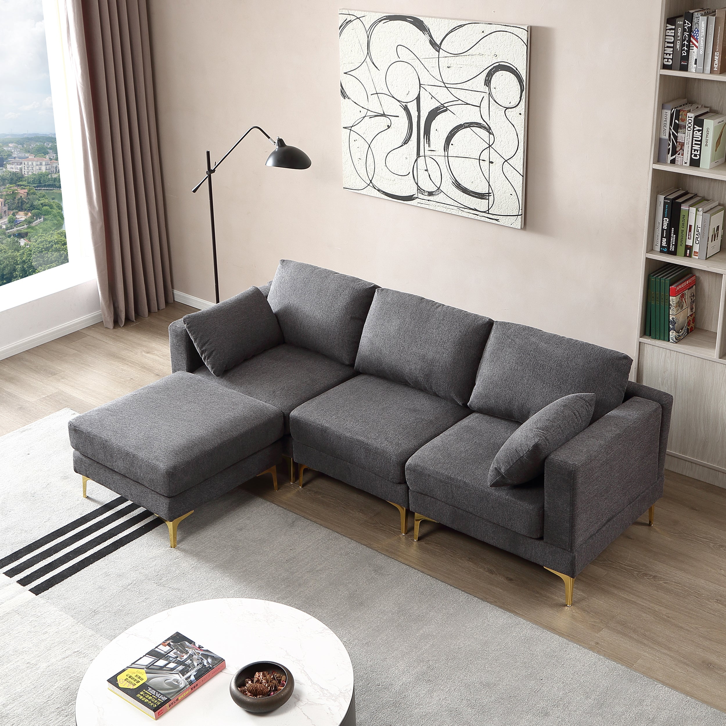 92.9" Living Room Furniture Modern Leisure L Shape Couch, Dark Gray Fabric