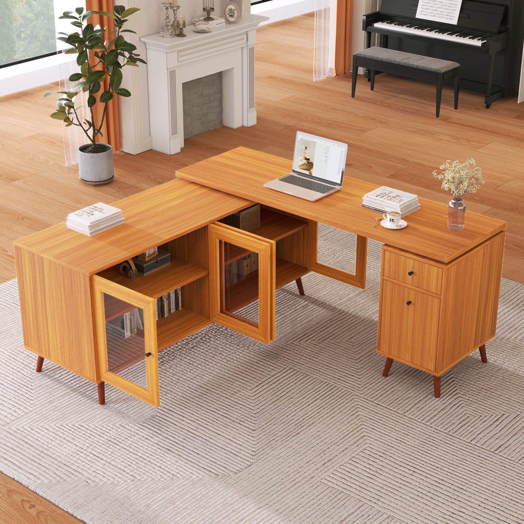 🆓🚛 66.5" Modern L-Shaped Executive Desk With Delicate Tempered Glass Cabinet Storage, Large Office Desk With Drawers, Business Furniture Desk Workstation for Home Office, Teak