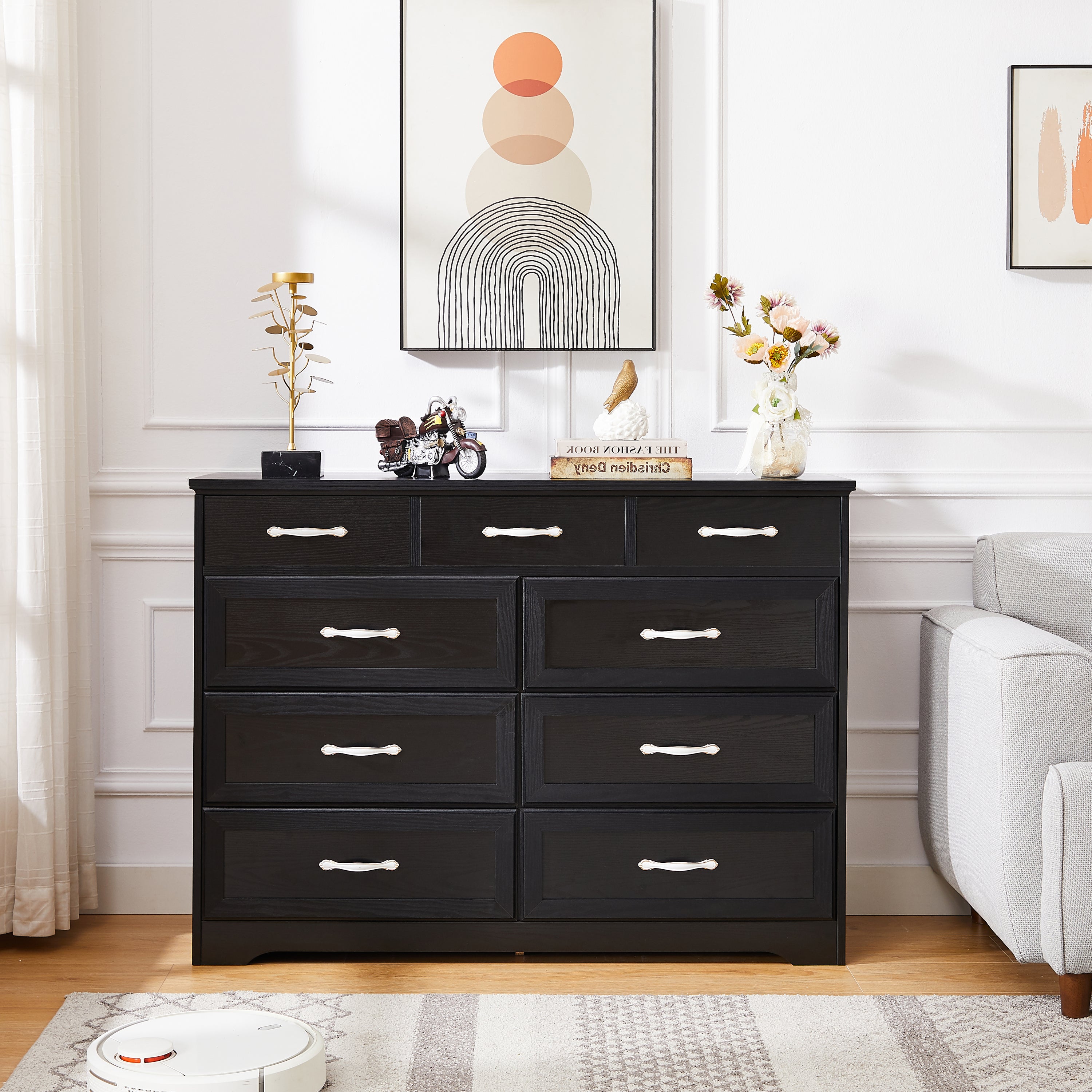 🆓🚛 Bedroom Dresser, 9 Drawer Long Dresser With Antique Handles, Wood Chest of Drawers for Kids Room, Living Room, Entry and Hallway, Black, 47.56''W X 15.75''D X 34.45''H.