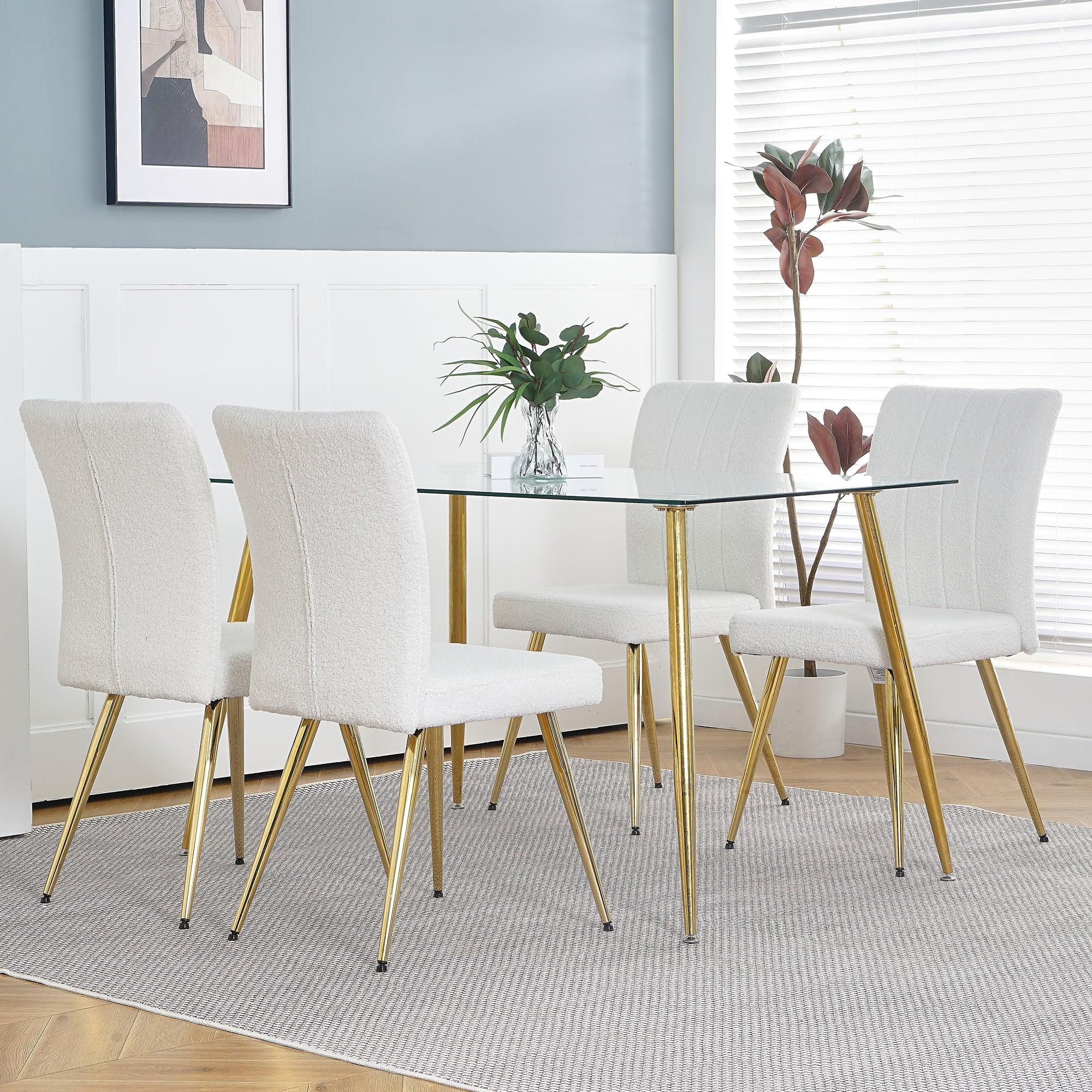 🆓🚛 Modern Teddy Wool Dining Chair, Upholstered Chair With Fabric Accent Side Chair With Gold-Plated Metal Legs, Set Of 4, White