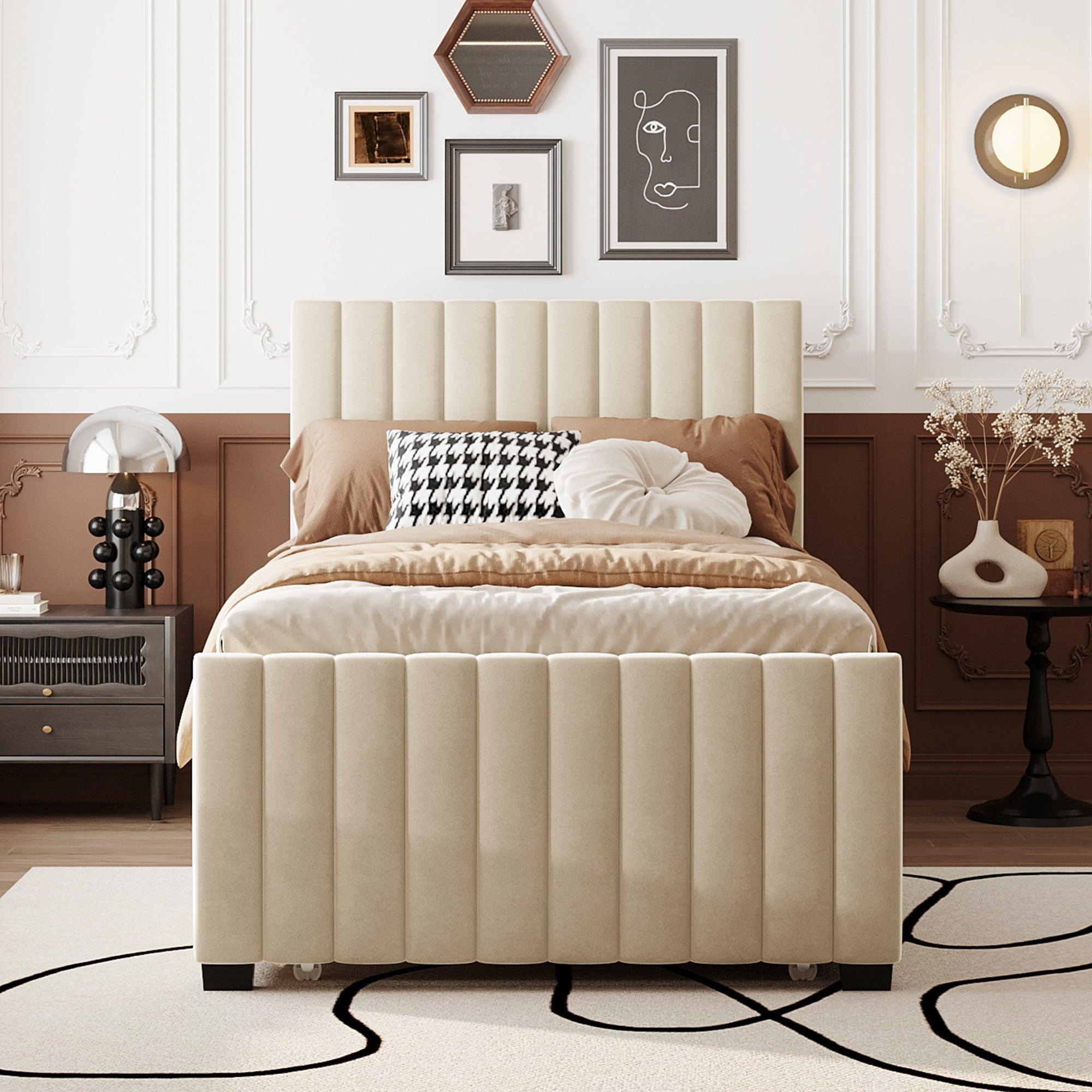 🆓🚛 Twin Size Velvet Upholstered Platform Bed With Twin Size Trundle, Beige