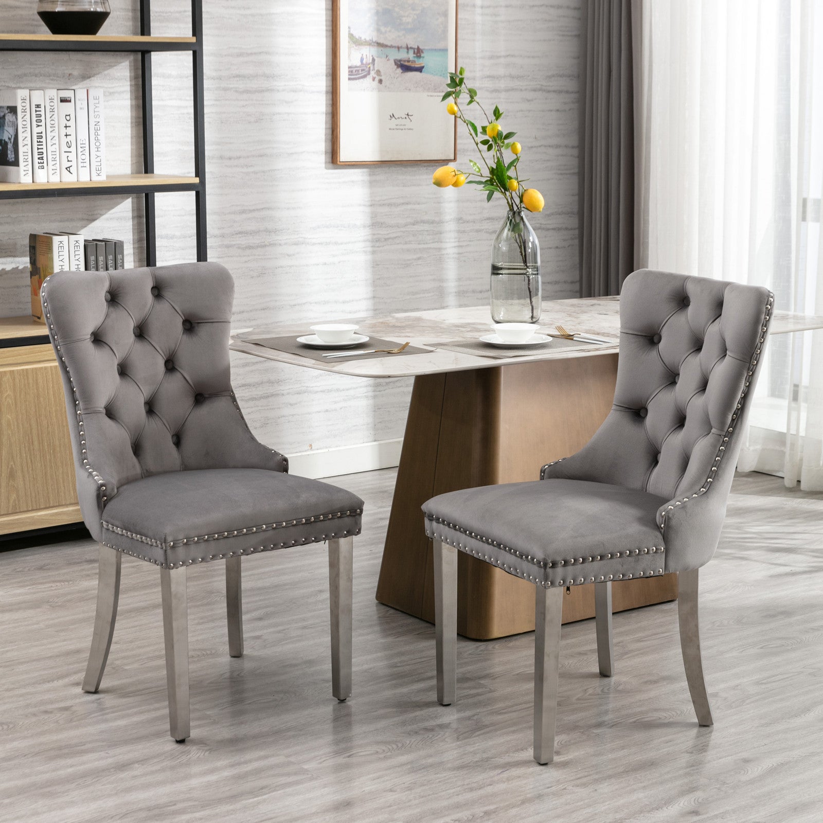 🆓🚛 High-End Tufted Solid Wood Contemporary Velvet Upholstered Dining Chair With Chrome Stainless Steel Plating Legs, Nailhead Trim, Set of 2, Gray and Chrome