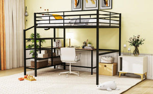 Full Size Metal Loft Bed with Desk and Lateral Storage Ladder, Black