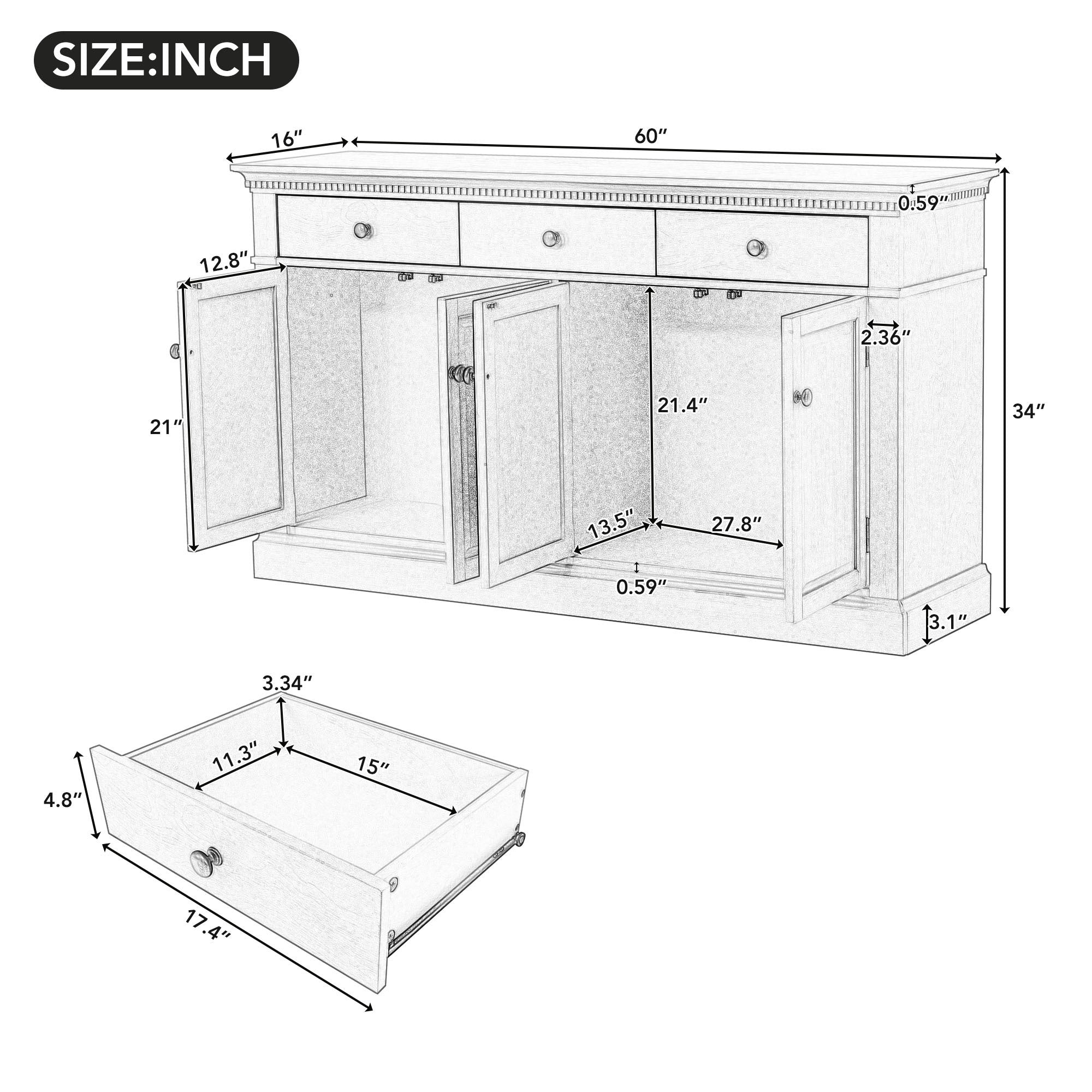 🆓🚛 Retro-Style Sideboard With Extra Large Storage Space With Three Drawers & Two Compartments for Living Room & Dining Room, Taupe