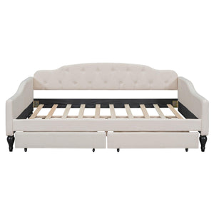 Full Size Upholstered Tufted Daybed with Two Drawers, Beige