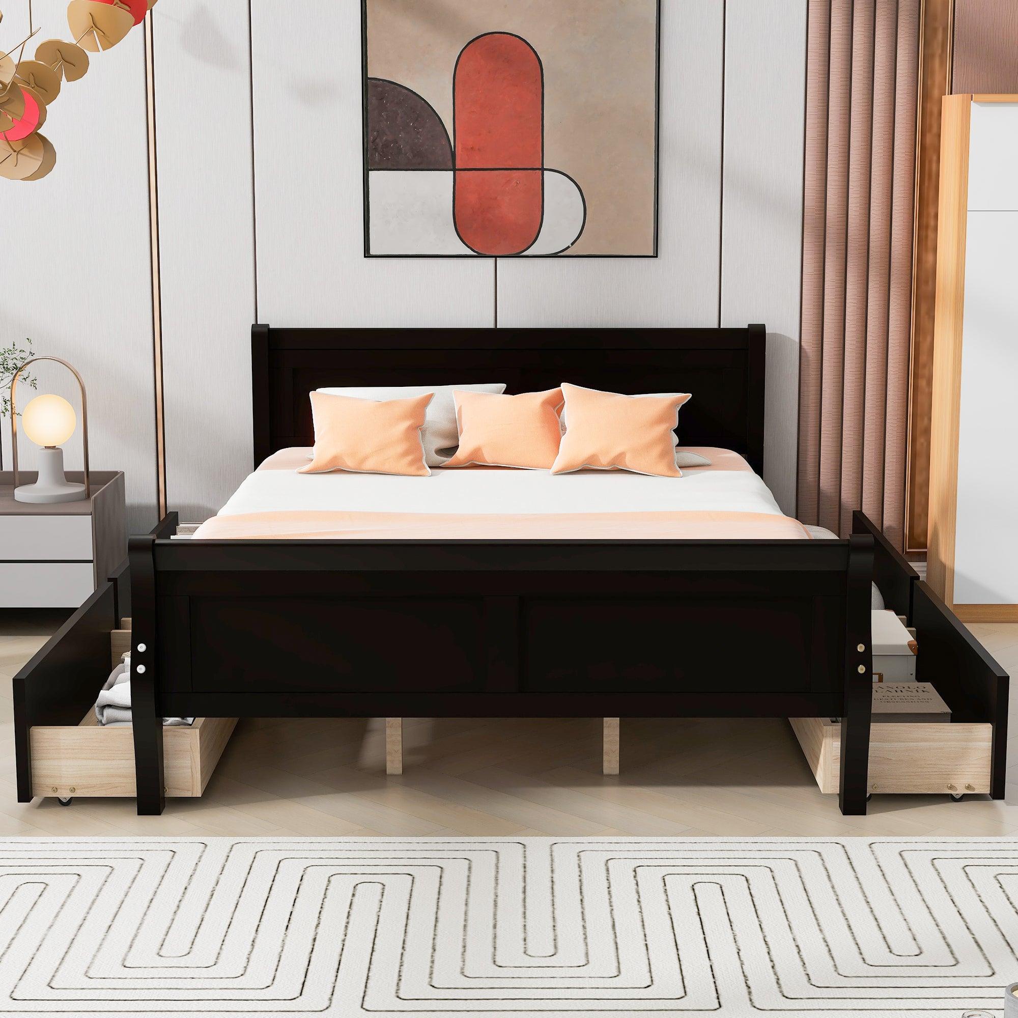 🆓🚛 Queen Size Wood Platform Bed With 4 Drawers & Streamlined Headboard & Footboard, Espresso