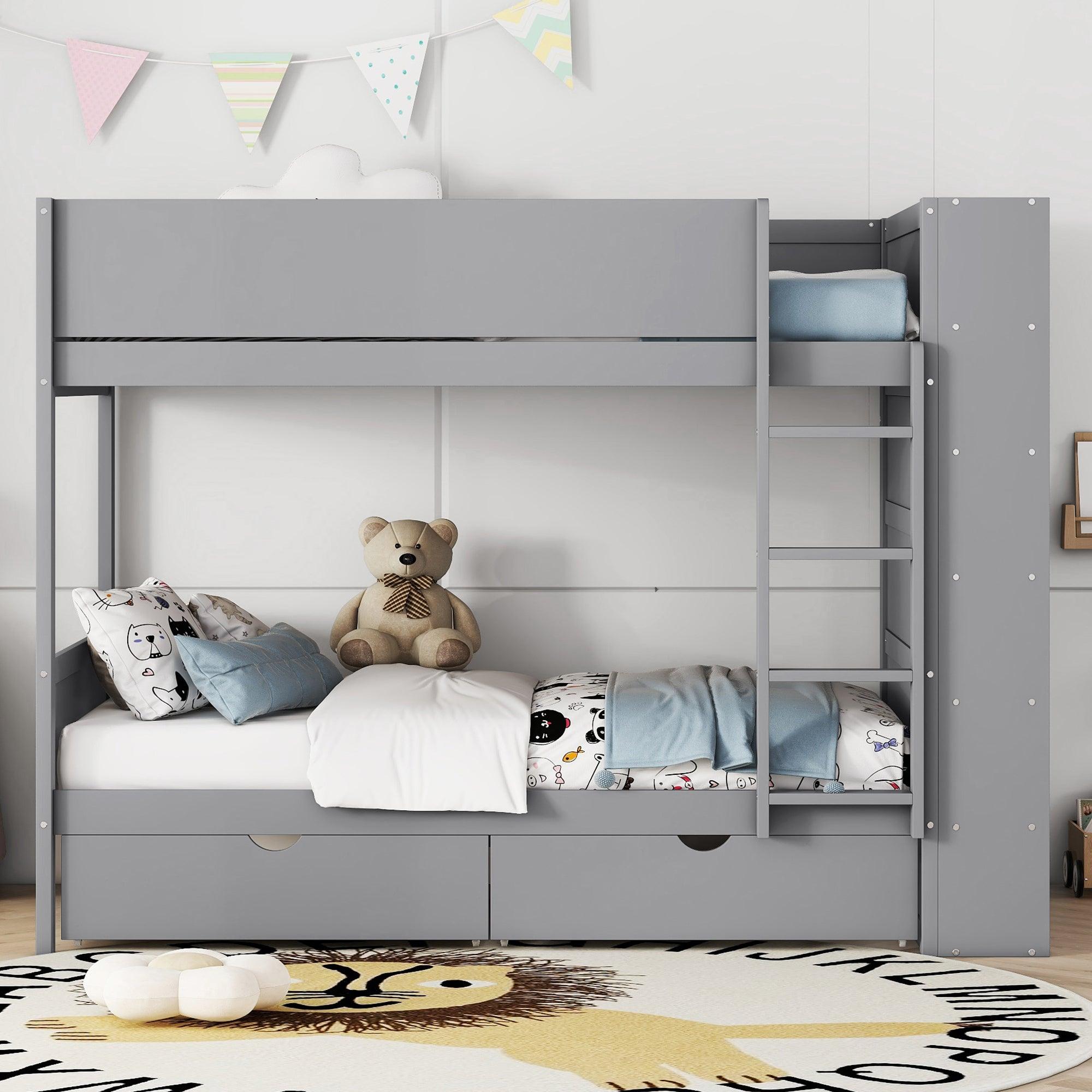 🆓🚛 Twin Over Twin Bunk Bed With 2 Drawers & Multi-Layer Cabinet, Gray