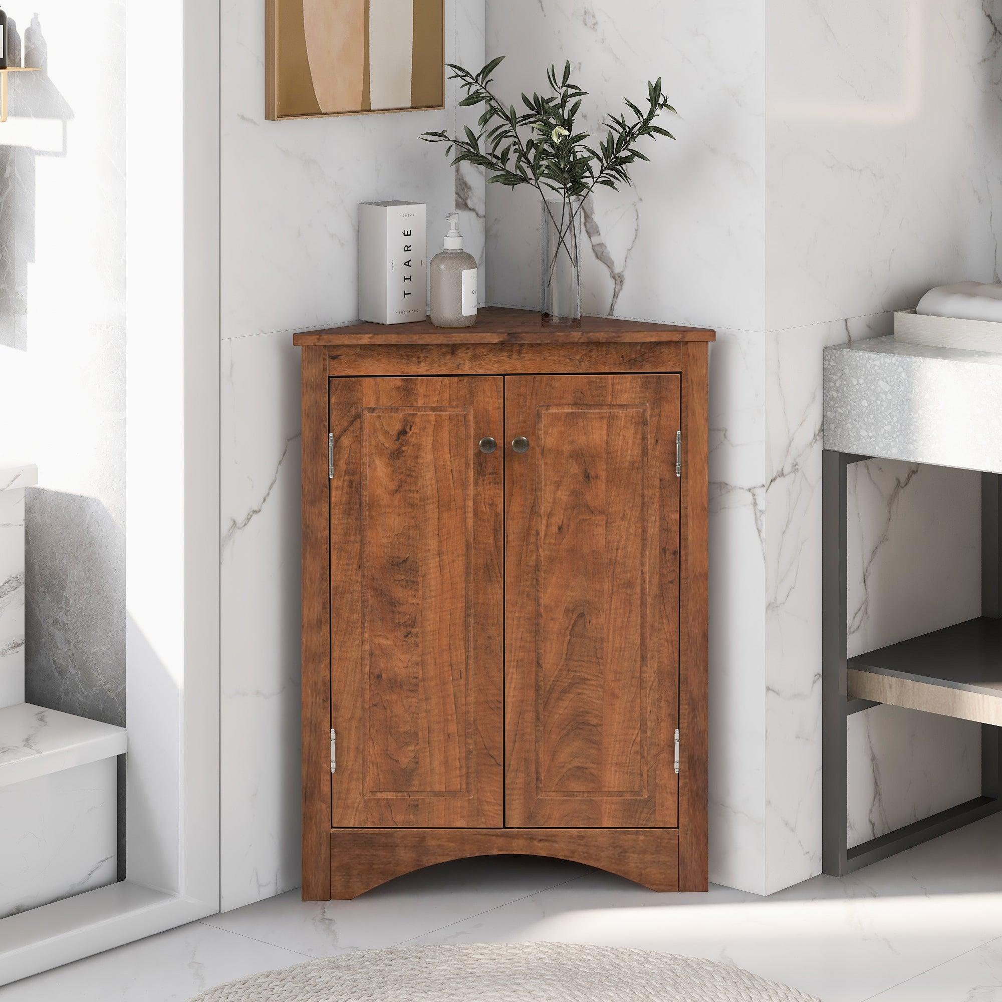 🆓🚛 Brown Triangle Bathroom Storage Cabinet With Adjustable Shelves, Freestanding Floor Cabinet for Home Kitchen