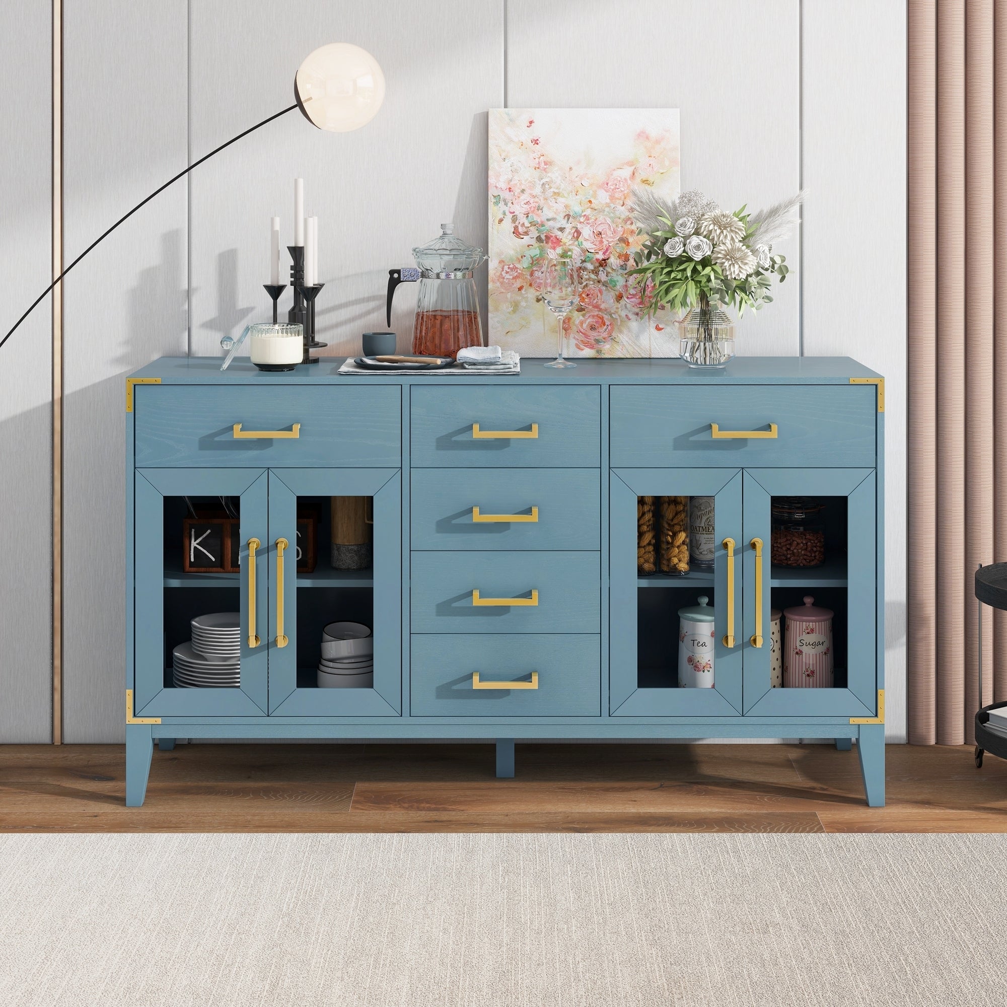 🆓🚛 6-Drawer & 2-Cabinet Retro Sideboard With Extra Large Storage Space, With Gold Handles & Solid Wood Legs, for Kitchen & Living Room, Antique Blue