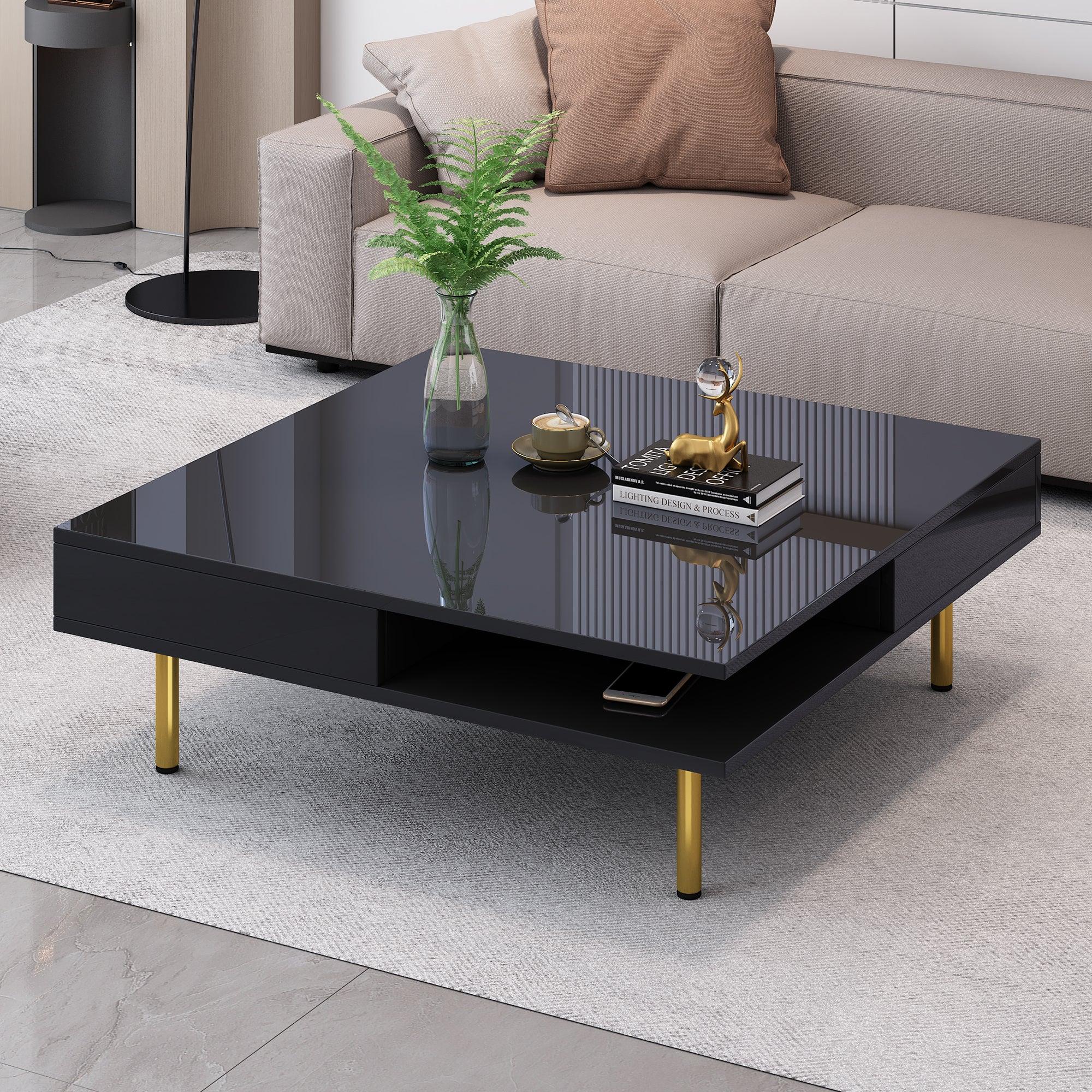 🆓🚛 Exquisite High Gloss Coffee Table With 4 Golden Legs & 2 Small Drawers, 2-Tier Square Center Table for Living Room, Black