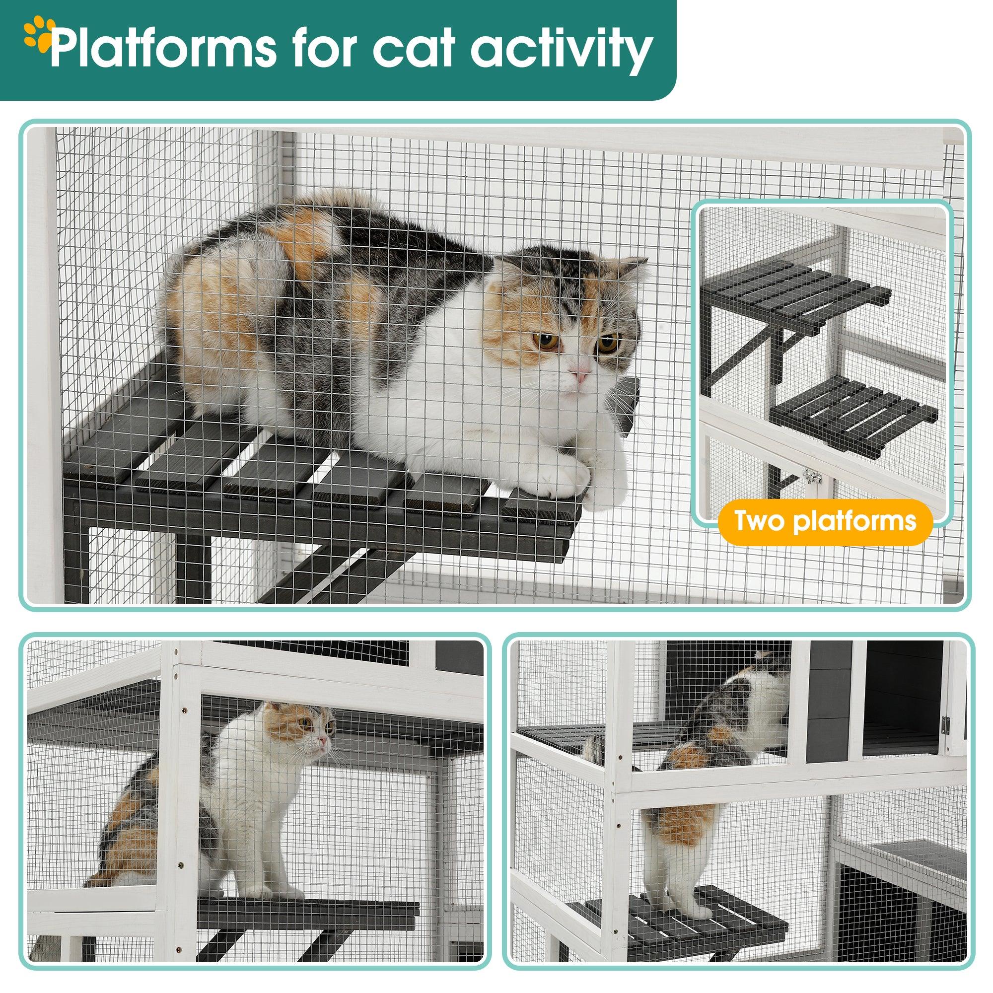 3-Tier Wooden Outdoor   &   Indoor Cat House Suitable For 1-3 Cats Cat Enclosure Resting Box With 4 Platforms And 2 Doors Cat Shelter Kitty House With A Jump Box For Hiding And Resting Cat Cage 71" H-Gray