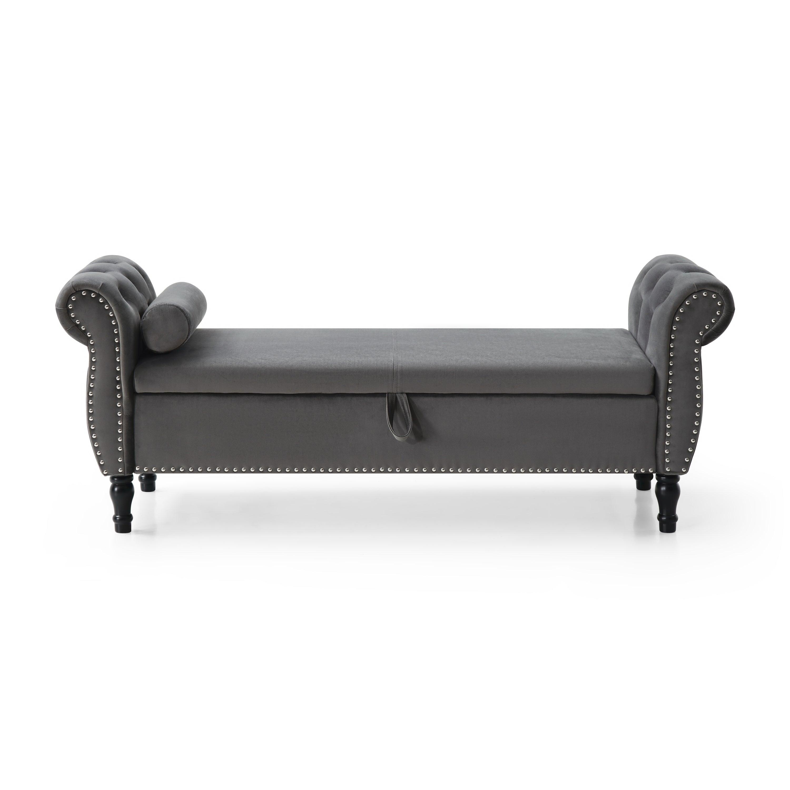 63" Velvet Multifunctional Storage Rectangular Sofa Stool Buttons Tufted Nailhead Trimmed Solid Wood Legs with 1 Pillow, Grey