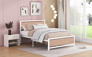 Full Size Platform Bed, Metal and Wood Bed Frame with Headboard and Footboard , White