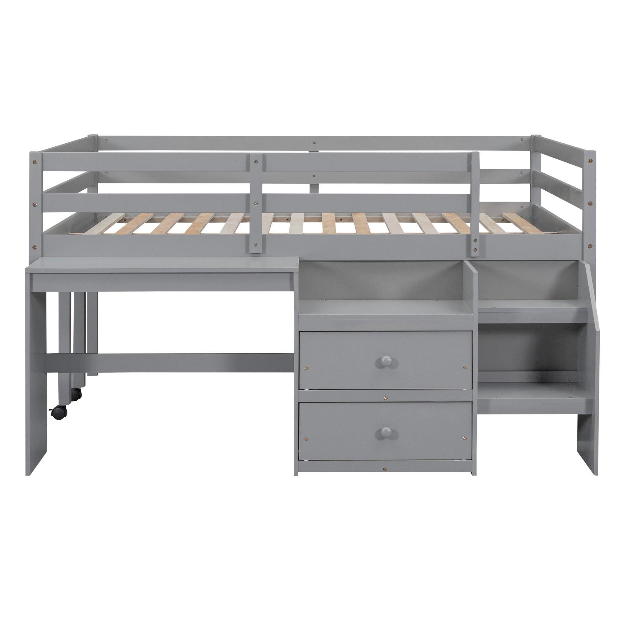 Full Size Loft Bed with Desk and Drawers, Wooden Loft Bed with Lateral Portable Desk, Gray