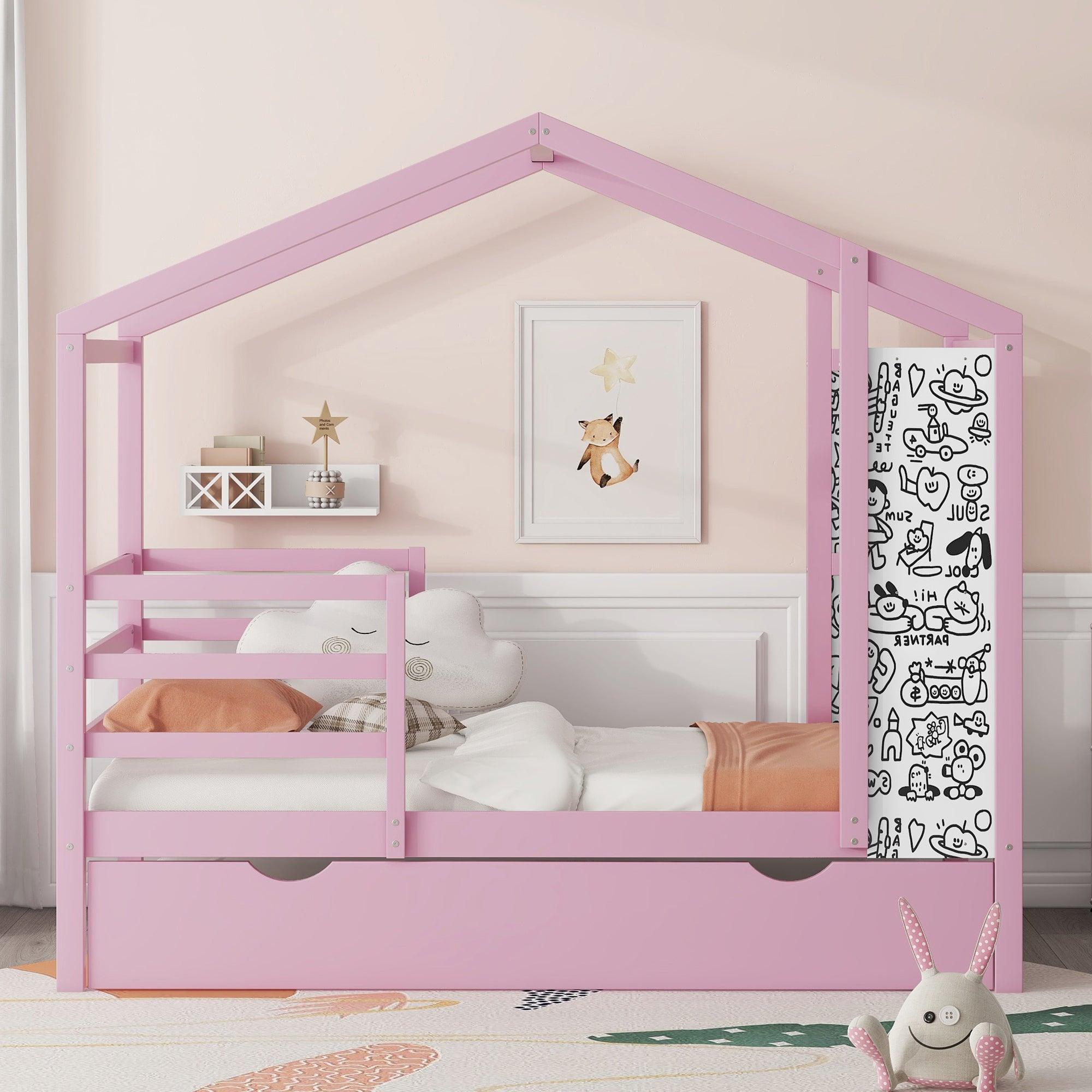 🆓🚛 Twin Size Wood House Bed With Fence & Writing Board, Pink